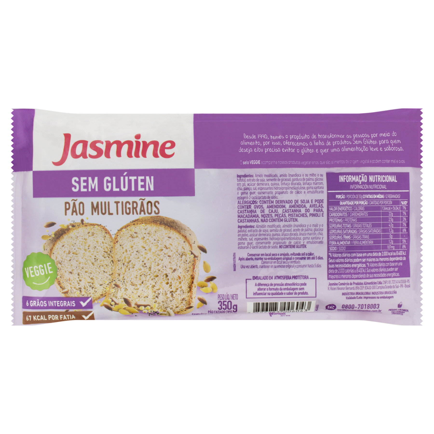 Pão de Sanduíche Multigrãos sem Glúten Jasmine Pacote 350g