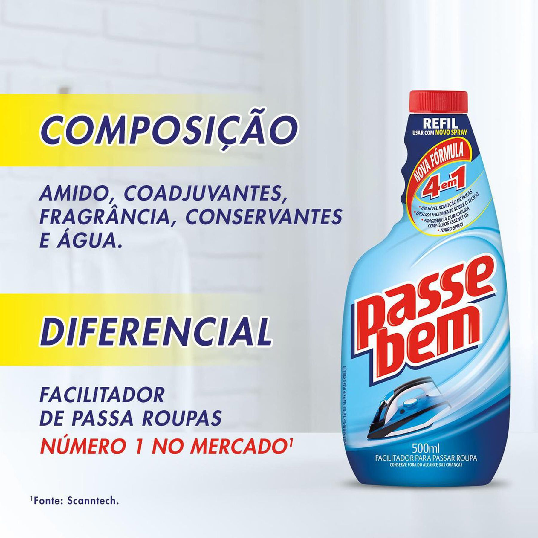 Facilitador de Passar Roupas Líquido Passe Bem Frasco 500ml Refil