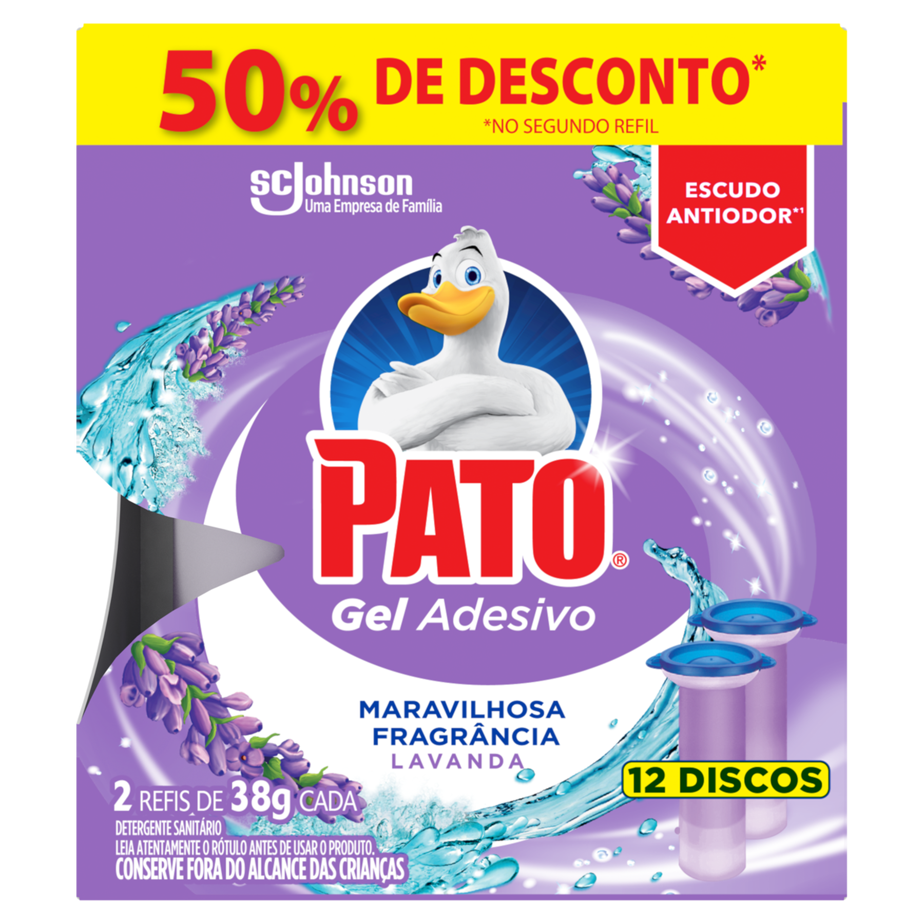 Detergente Sanitário Gel Adesivo Lavanda Pato 76g C/2 Unidades - Embalagem Grátis 50% de Desconto no Segundo Refil