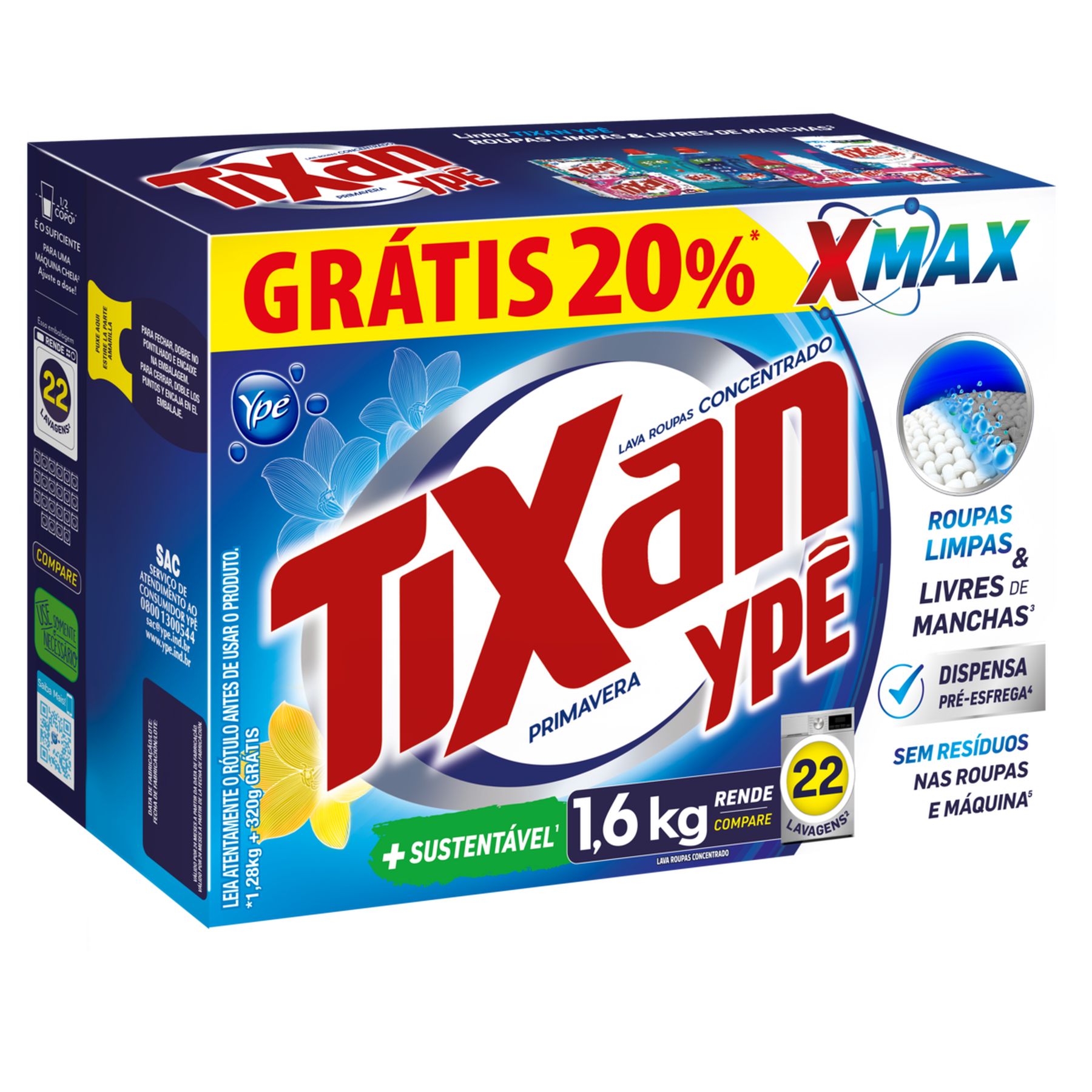 Sab&atilde;o em P&oacute; Lava Roupas Concentrado Primavera Tixan Yp&ecirc; Caixa 1,6kg - Embalagem Gr&aacute;tis 20%&nbsp;