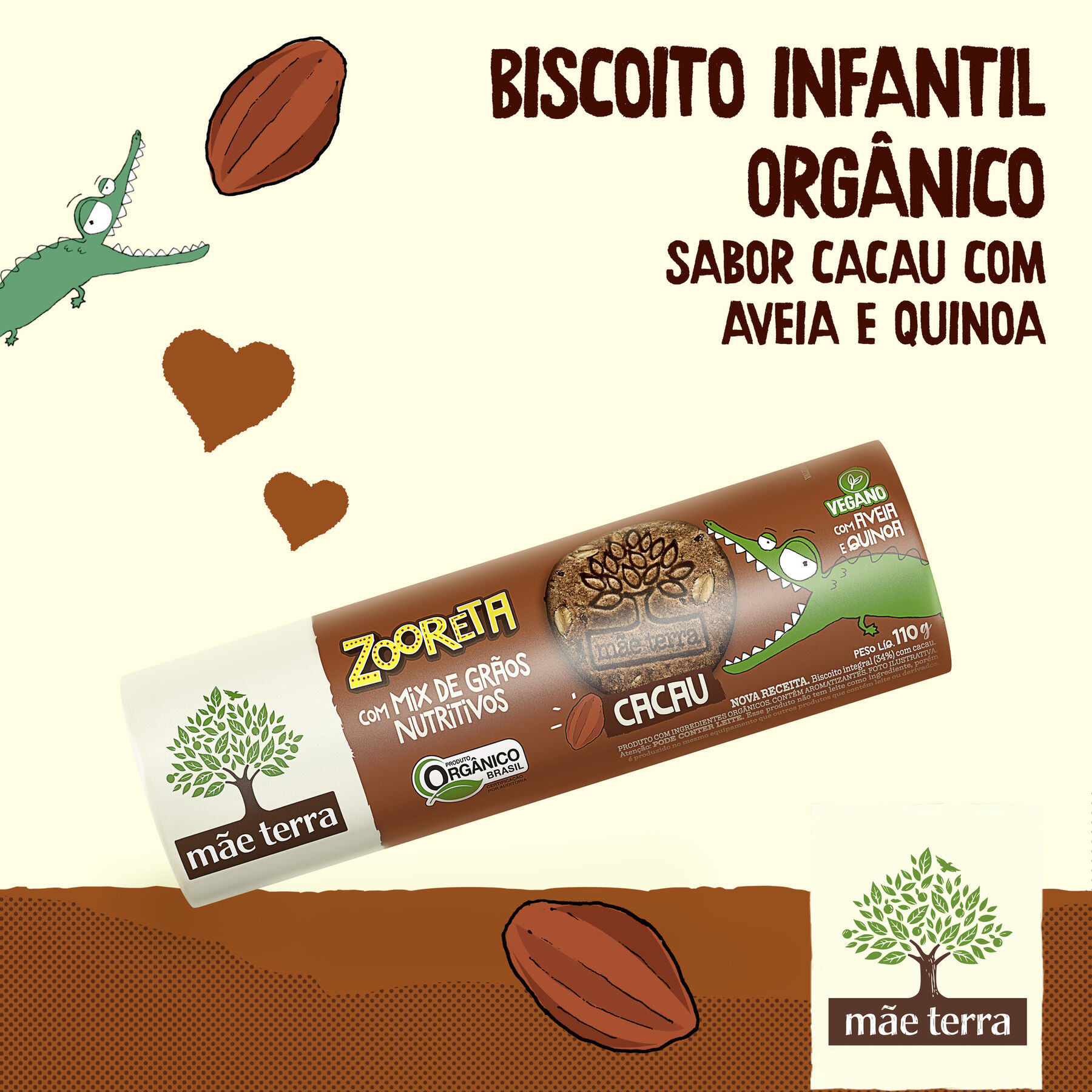 Biscoito Integral Org&acirc;nico Cacau Zooreta M&atilde;e Terra Pacote 110g