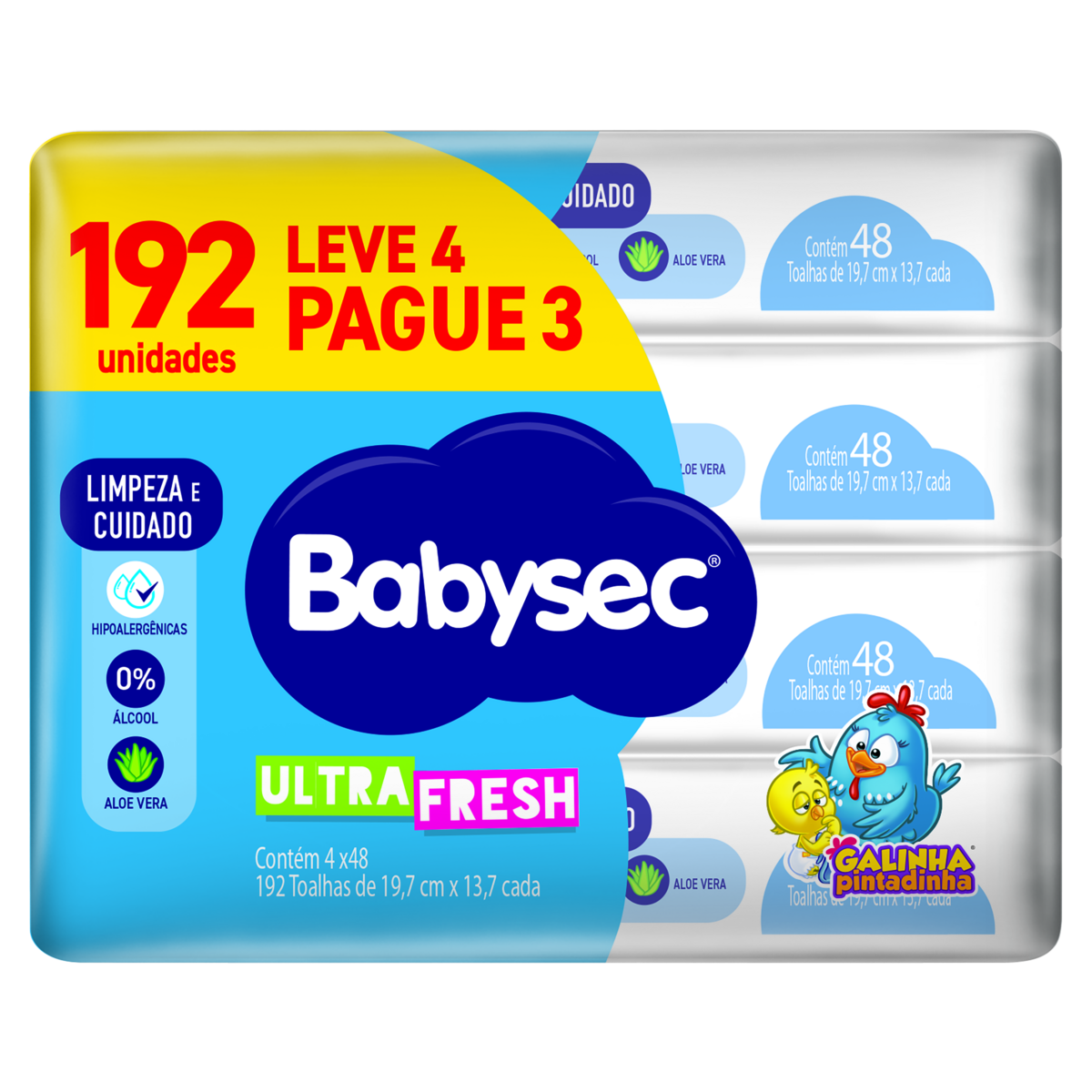 Pack Toalha Umedecida Galinha Pintadinha Babysec Ultra Fresh Pacote C/48 Folhas Cada - Leve 4 Pague 3 Unidades