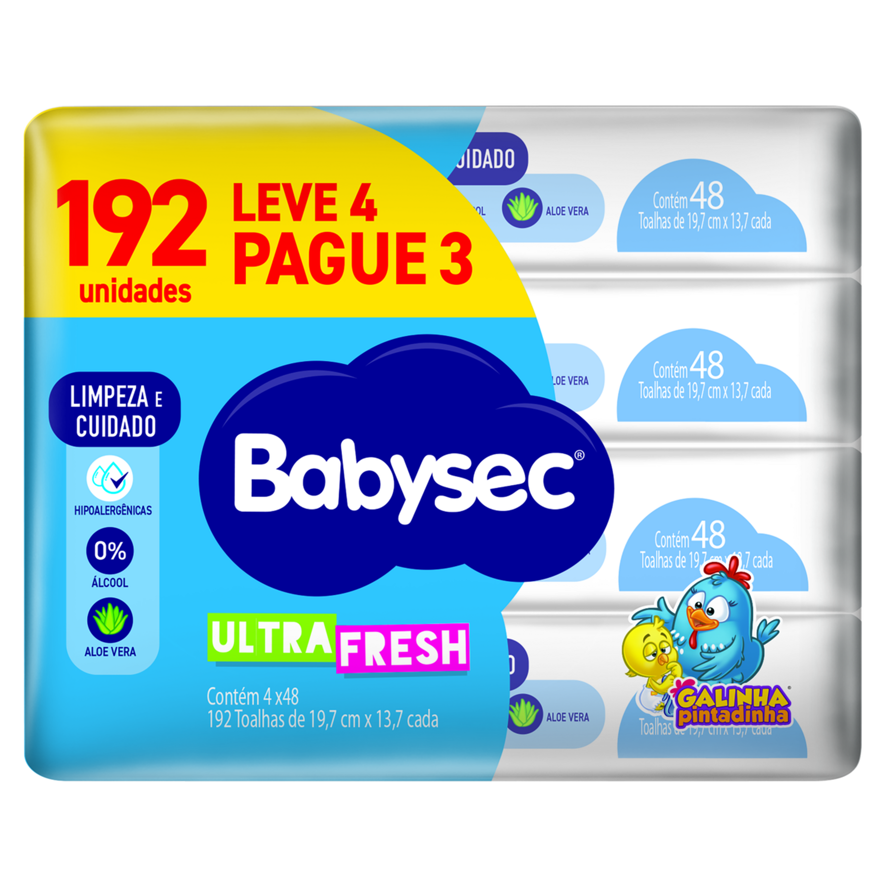 Pack Toalha Umedecida Galinha Pintadinha Babysec Ultra Fresh Pacote C/48 Folhas Cada - Leve 4 Pague 3 Unidades