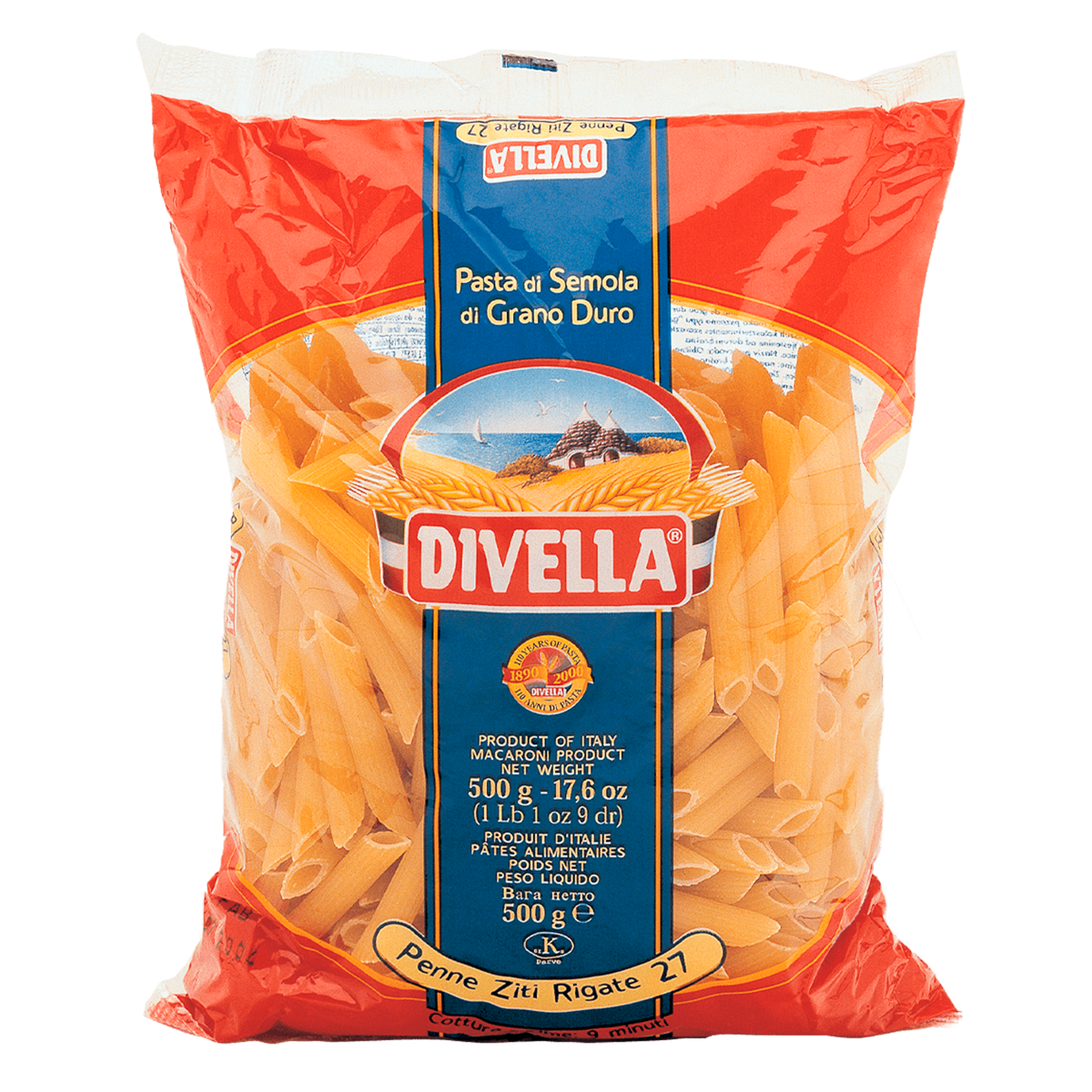 Macarr&atilde;o de S&ecirc;mola Grano Duro Penne Ziti Rigate 27 Divella Pacote 500g