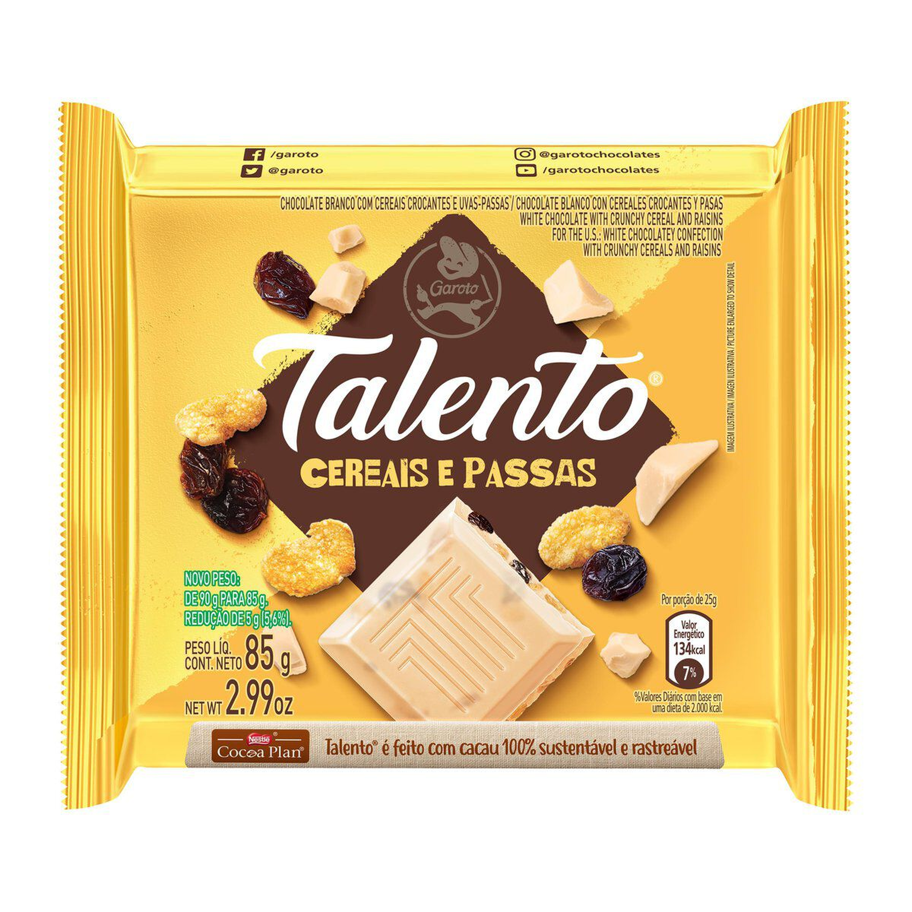 Chocolate Branco com Cereais e Passas Garoto Talento Pacote 85g&nbsp;