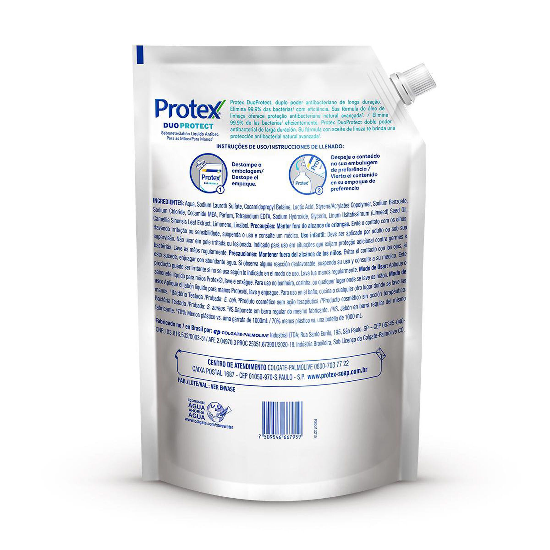 Sabonete Líquido para as Mãos Antibac Duo Protect Protex Sachê 900ml - Embalagem Refil Super Econômico