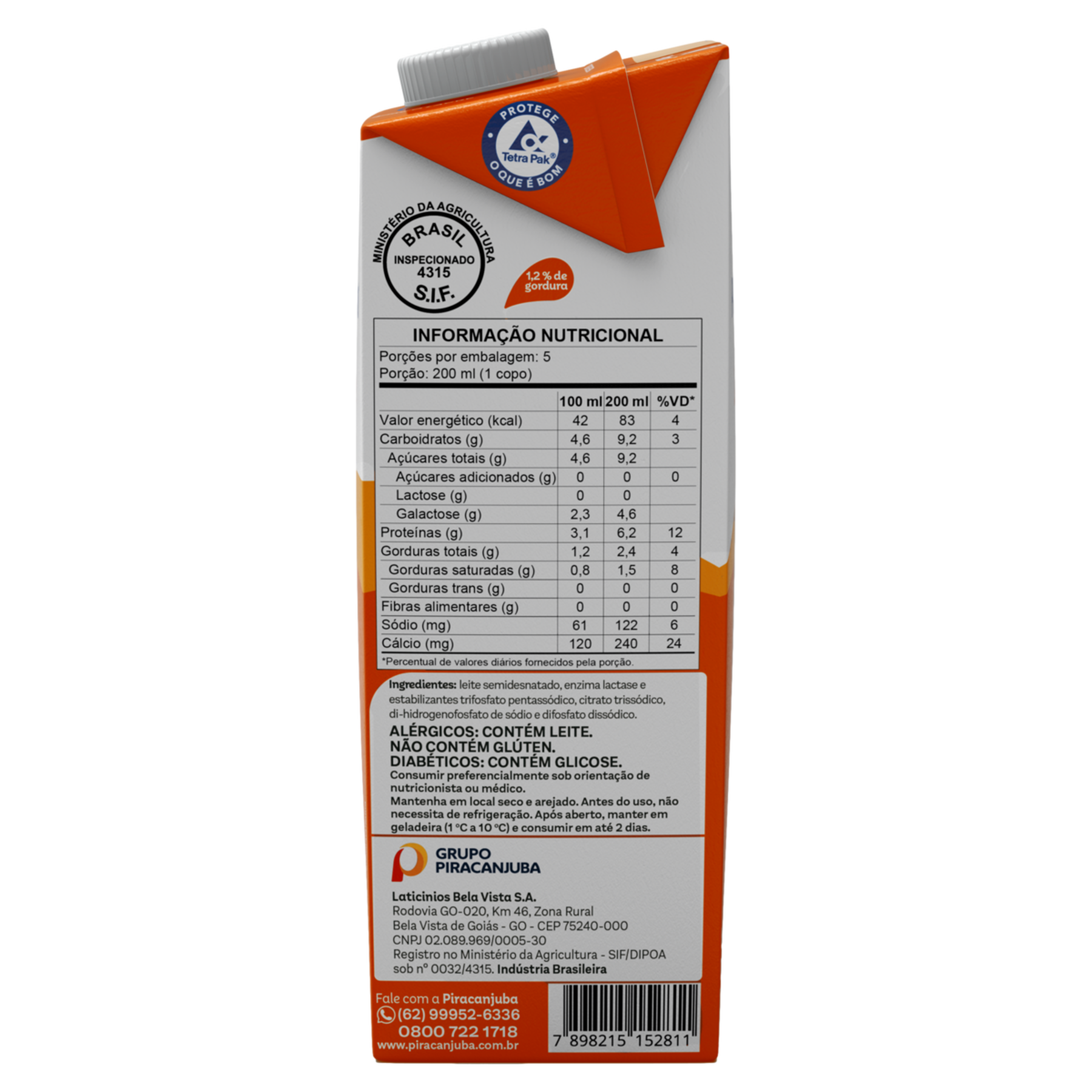 Leite UHT Semidesnatado Zero Lactose Piracanjuba Caixa com Tampa 1l