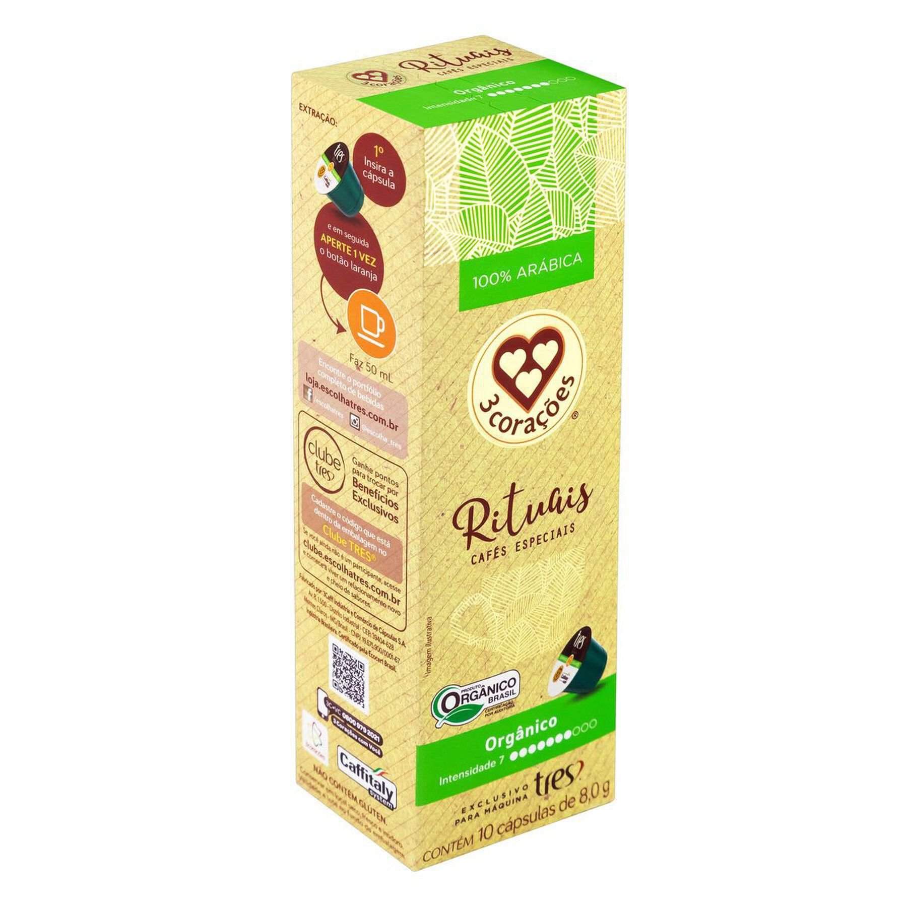 Café em Cápsula Torrado e Moído Orgânico 3 Corações Rituais Caixa 80g 10 Unidades