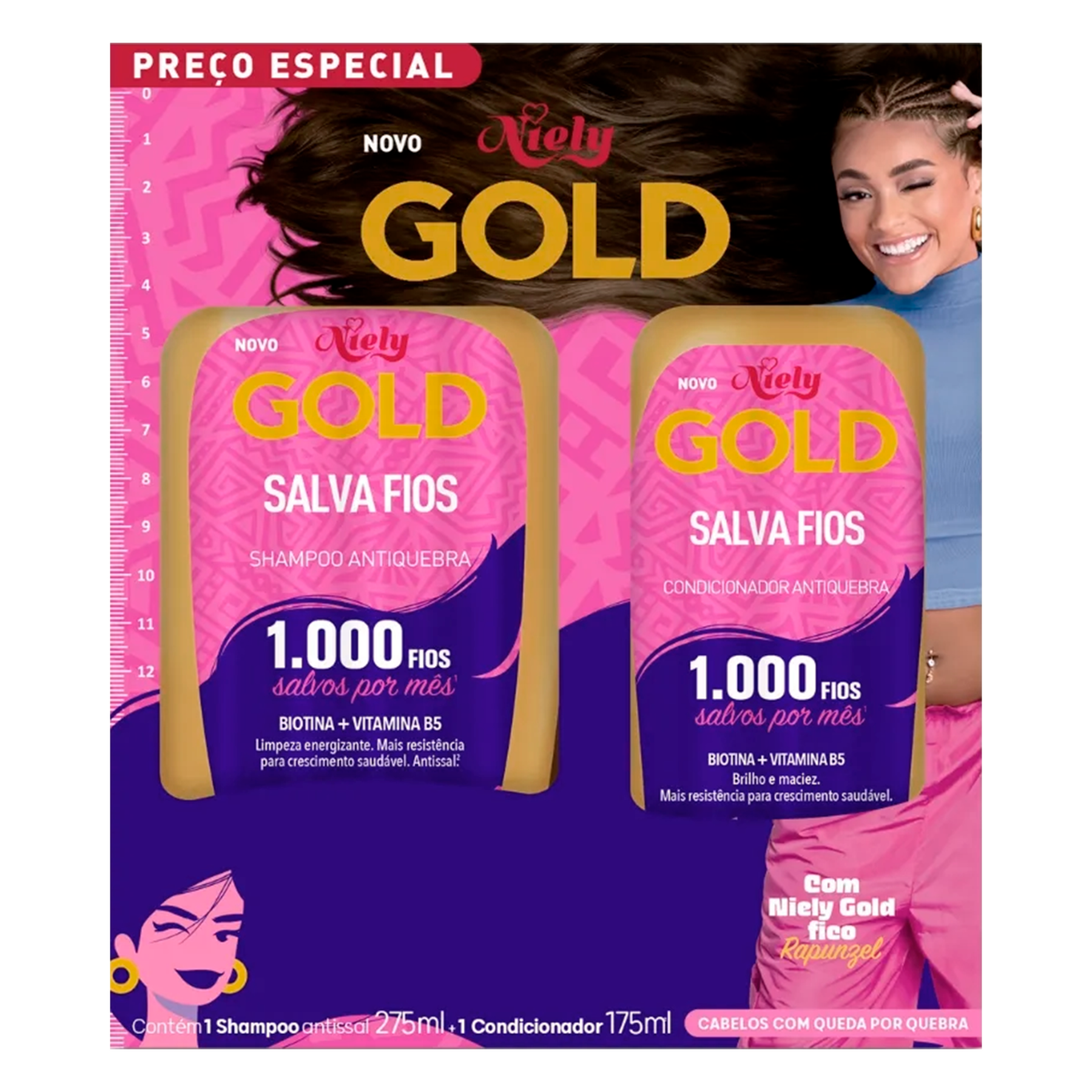 Shampoo 275ml + Condicionador 175ml Salva Fios Niely Gold