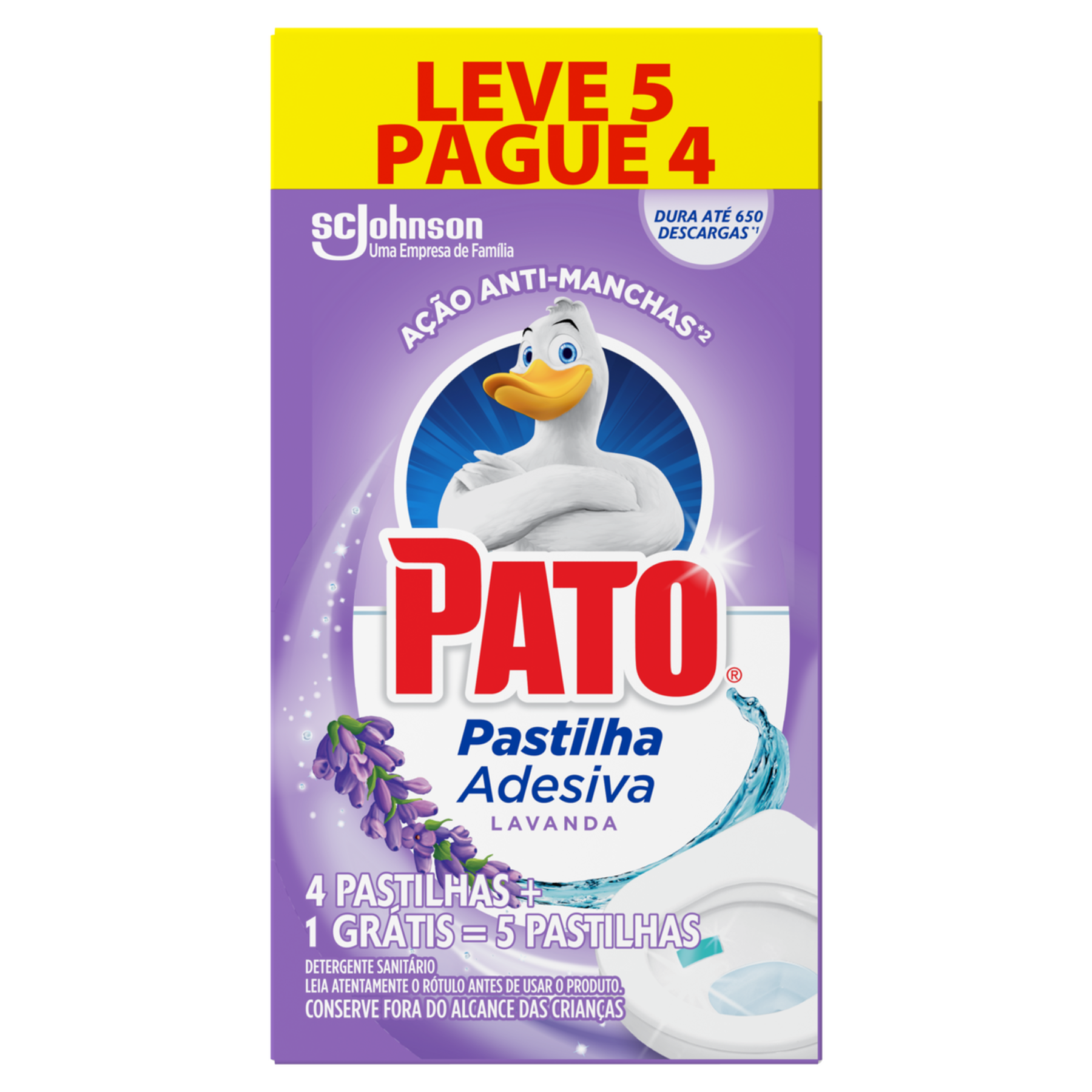 Detergente Sanitário Pastilha Adesiva Lavanda Pato C/5 Unidades - Embalagem Leve 5 Pague 4 Unidades