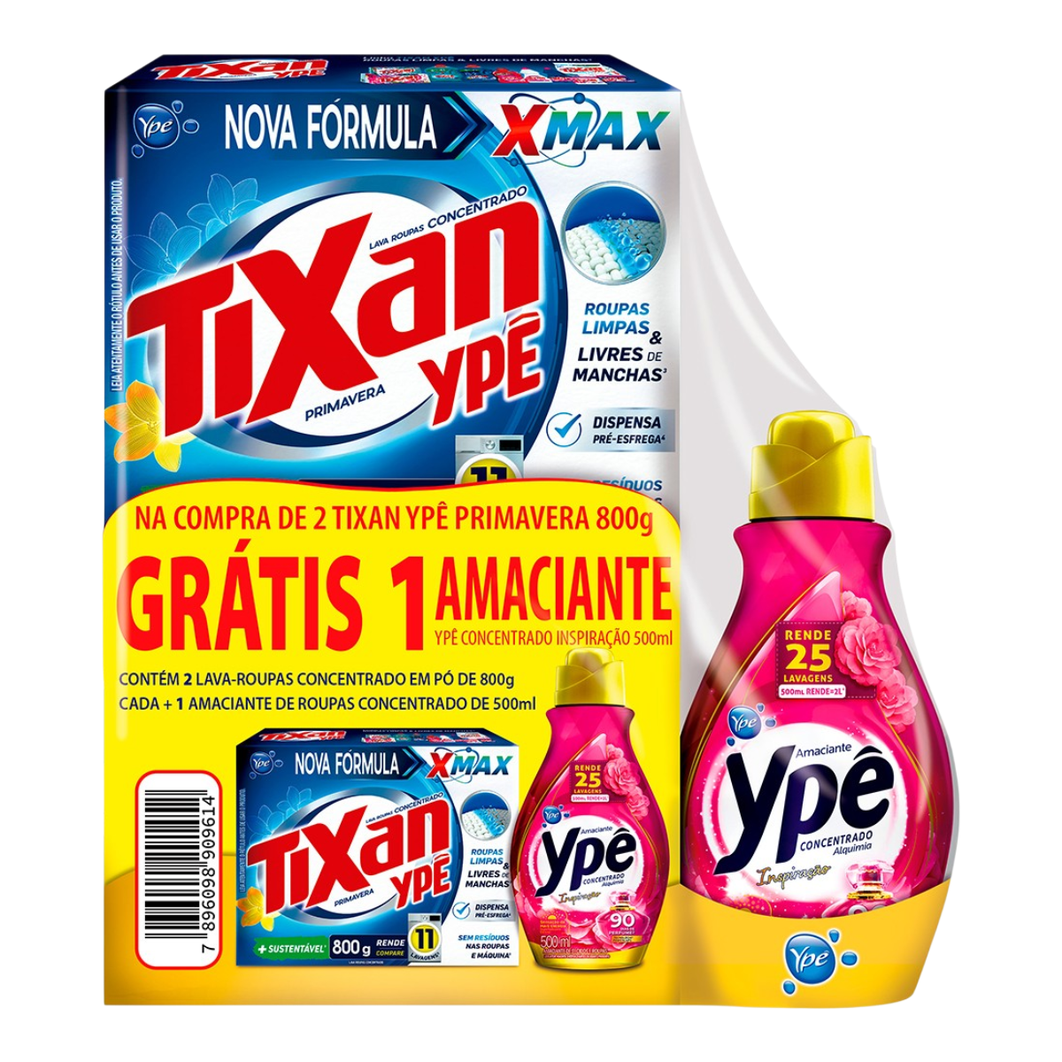 02 Sab&atilde;o em P&oacute; Lava Roupas Concentrado Primavera Tixan Yp&ecirc; 800g - Embalagem Gr&aacute;tis 01 Amaciante de Roupas Concentrado Inspira&ccedil;&atilde;o Yp&ecirc;  Alquimia 500ml&nbsp;