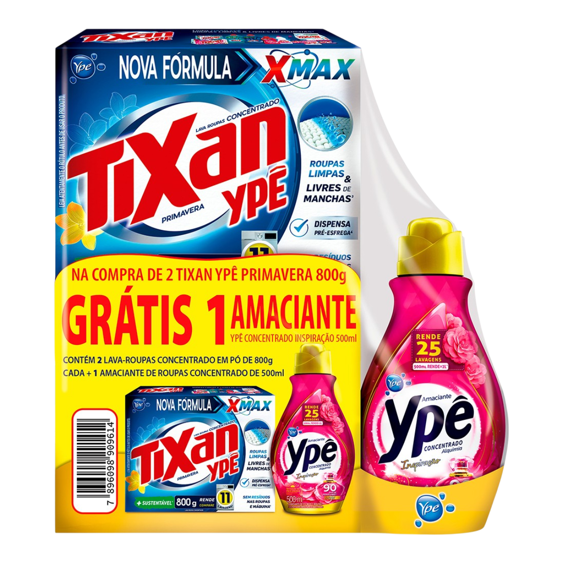 02 Sab&atilde;o em P&oacute; Lava Roupas Concentrado Primavera Tixan Yp&ecirc; 800g - Embalagem Gr&aacute;tis 01 Amaciante de Roupas Concentrado Inspira&ccedil;&atilde;o Yp&ecirc;  Alquimia 500ml&nbsp;