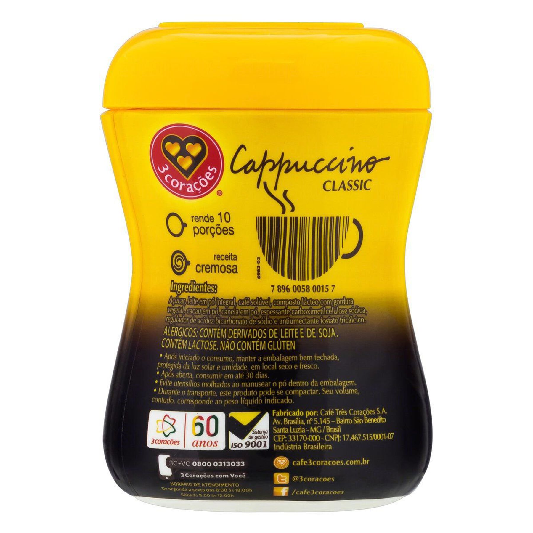 Cappuccino Solúvel Classic 3 Corações Pote 200g