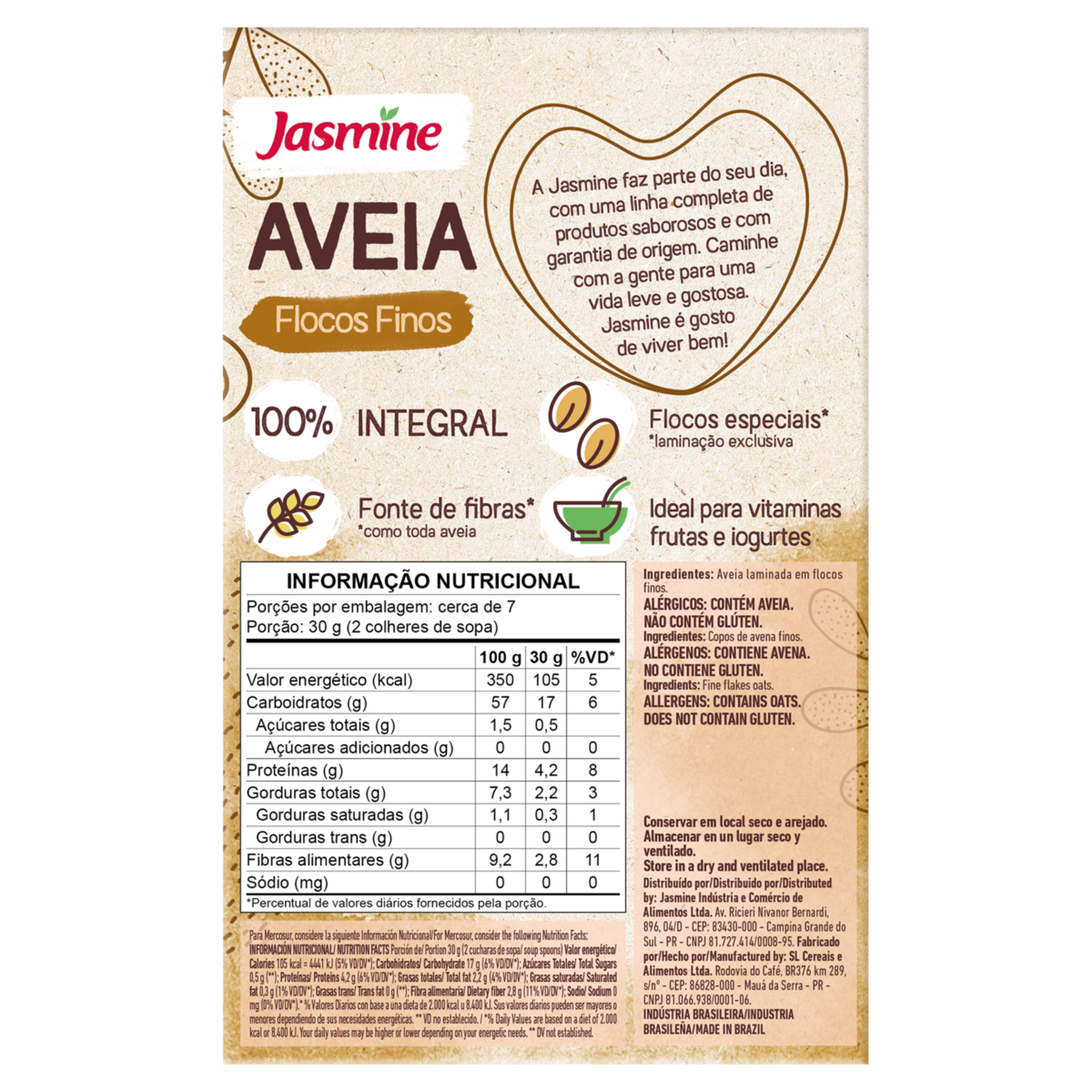 Aveia em Flocos Finos sem Glúten Jasmine Caixa 200g