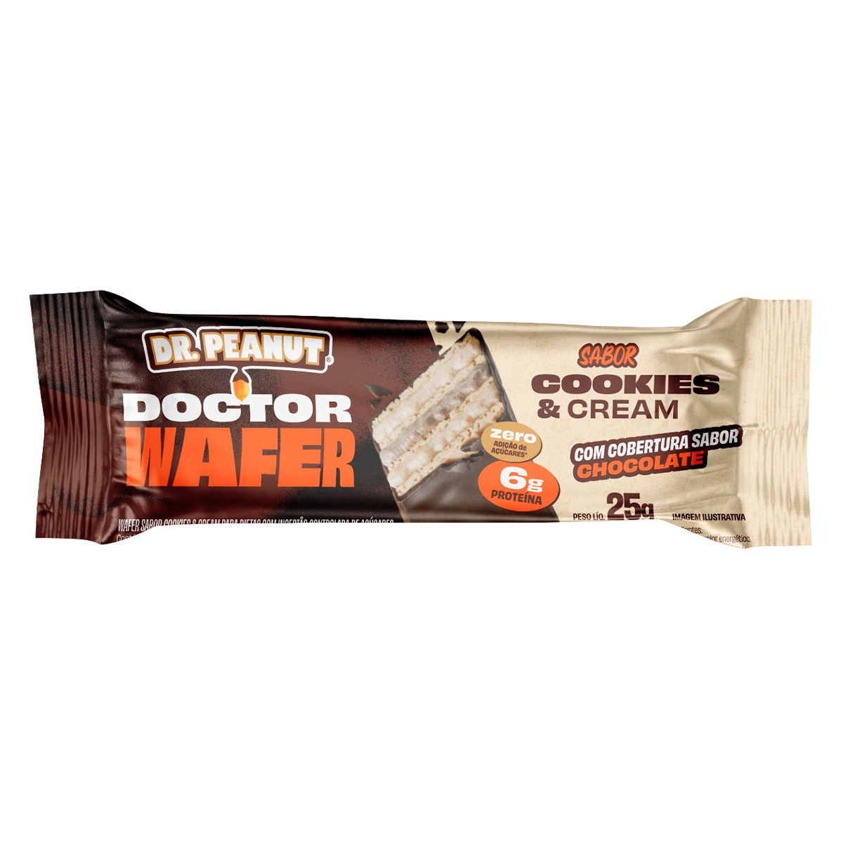 Wafer Cookies and Cream com Cobertura Chocolate 6g Doctor Wafer Dr. Peanut 25g