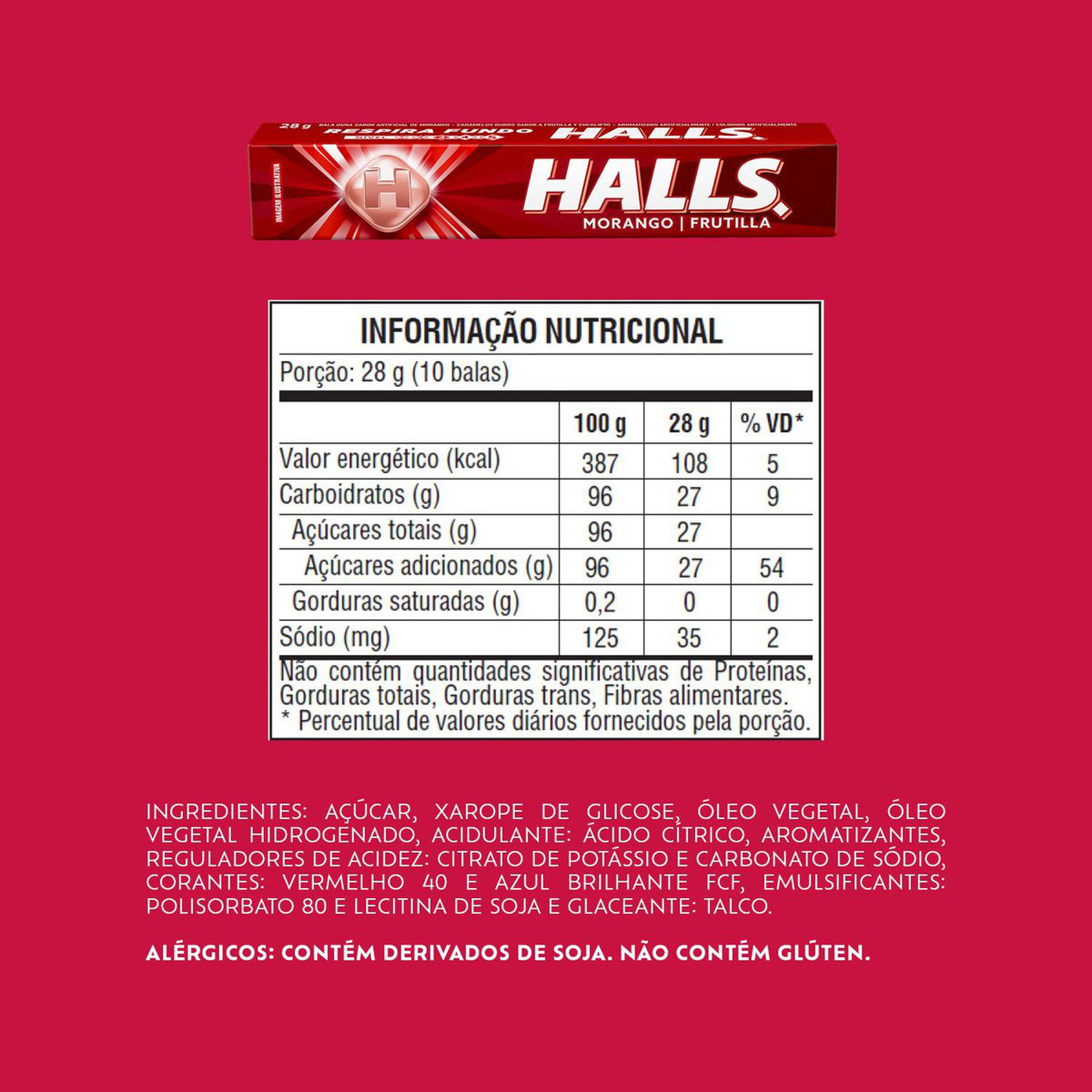 Bala Morango Halls Pacote 28g