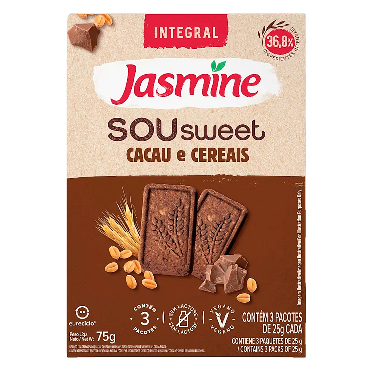 Biscoito Sou Sweet Cacau e Cereais Integral Jasmine Caixa 75g&nbsp;