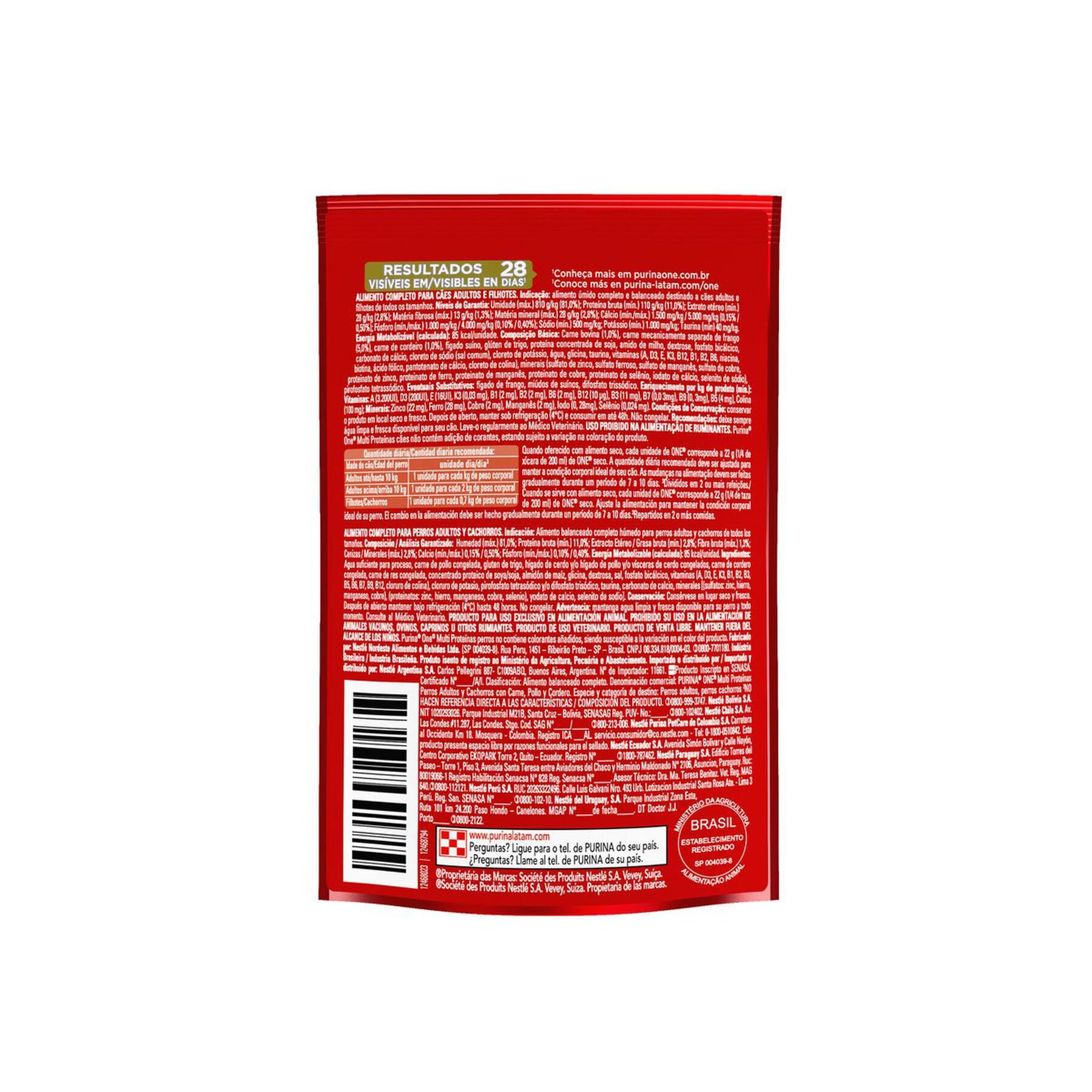Alimento para C&atilde;es Adultos e Filhotes Carne, Frango e Cordeiro Purina One Multi Prote&iacute;nas Sach&ecirc; 85g