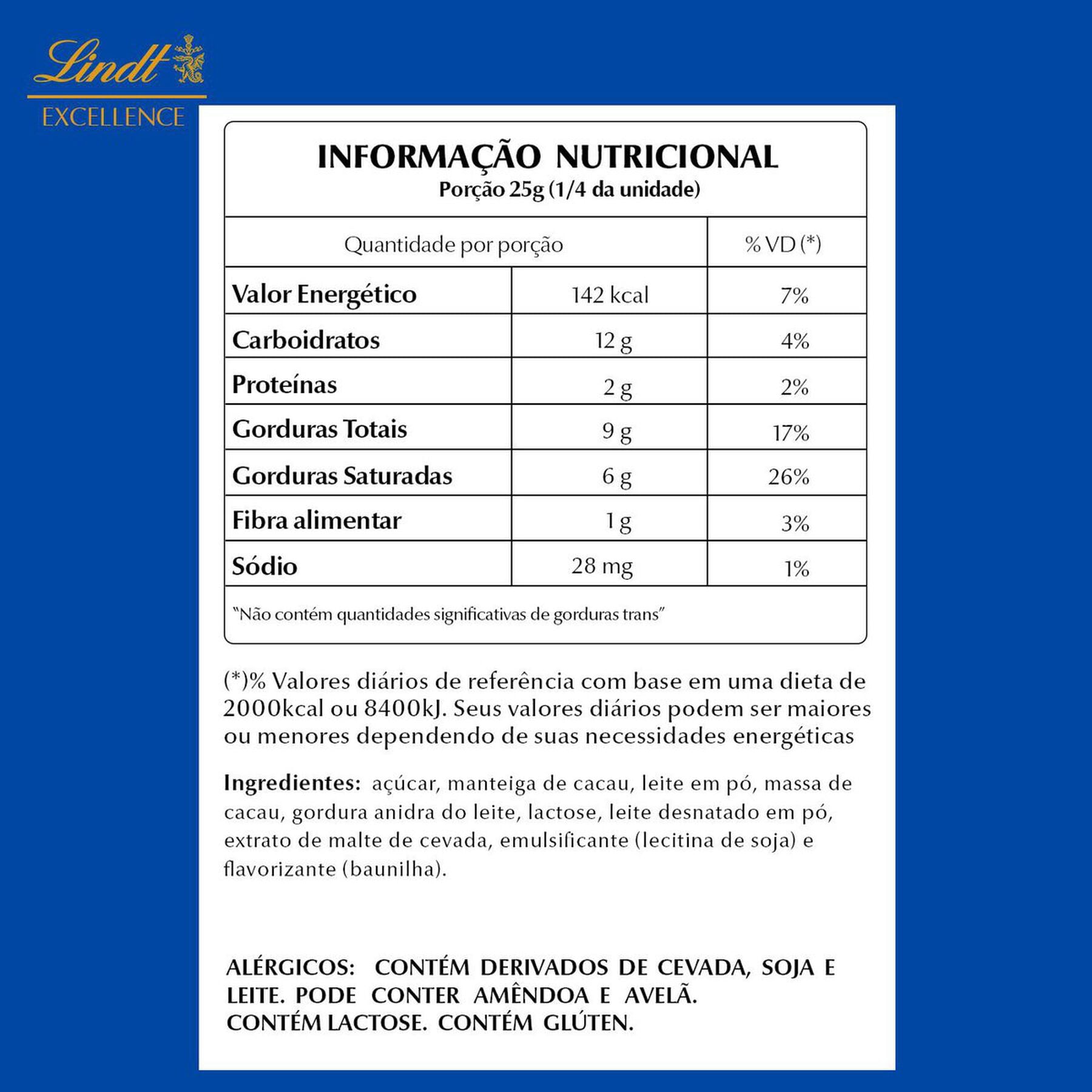 Chocolate ao Leite Lindt Excellence Caixa 100g&nbsp;
