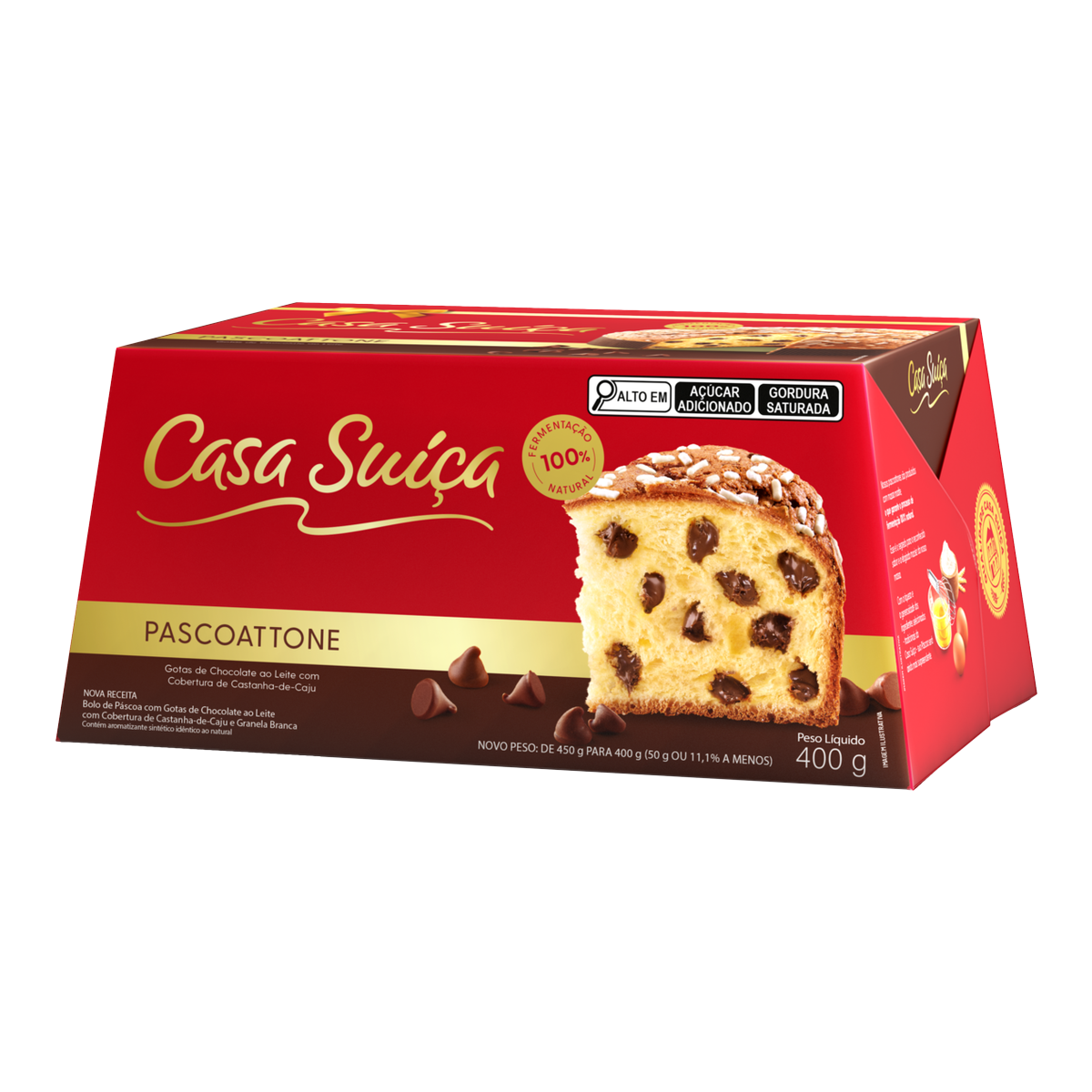 Bolo de P&aacute;scoa com Gotas de Chocolate ao Leite Cobertura Castanha-de-Caju e Granela Branca Pascoattone Casa Su&iacute;&ccedil;a Caixa 400g