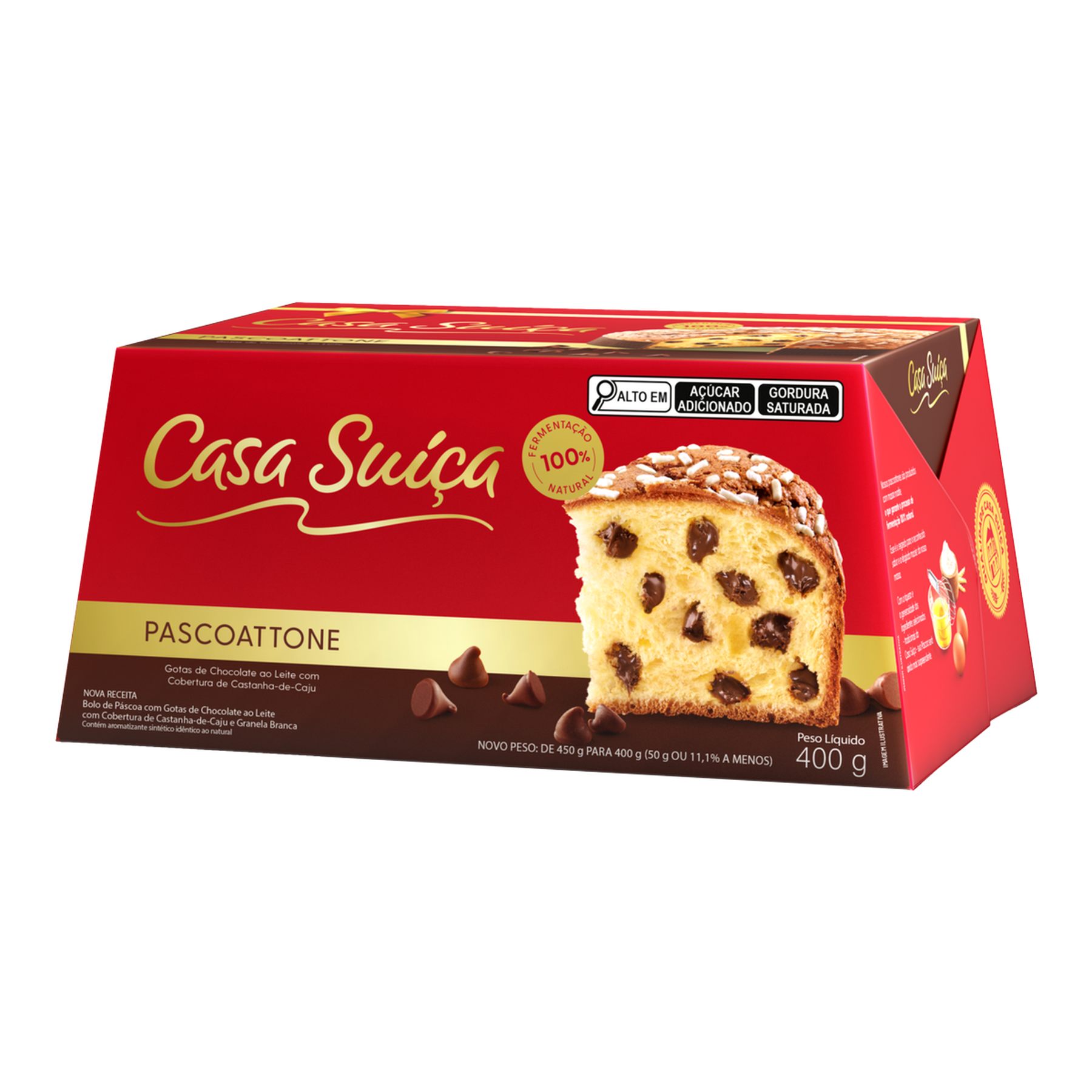 Bolo de P&aacute;scoa com Gotas de Chocolate ao Leite Cobertura Castanha-de-Caju e Granela Branca Pascoattone Casa Su&iacute;&ccedil;a Caixa 400g