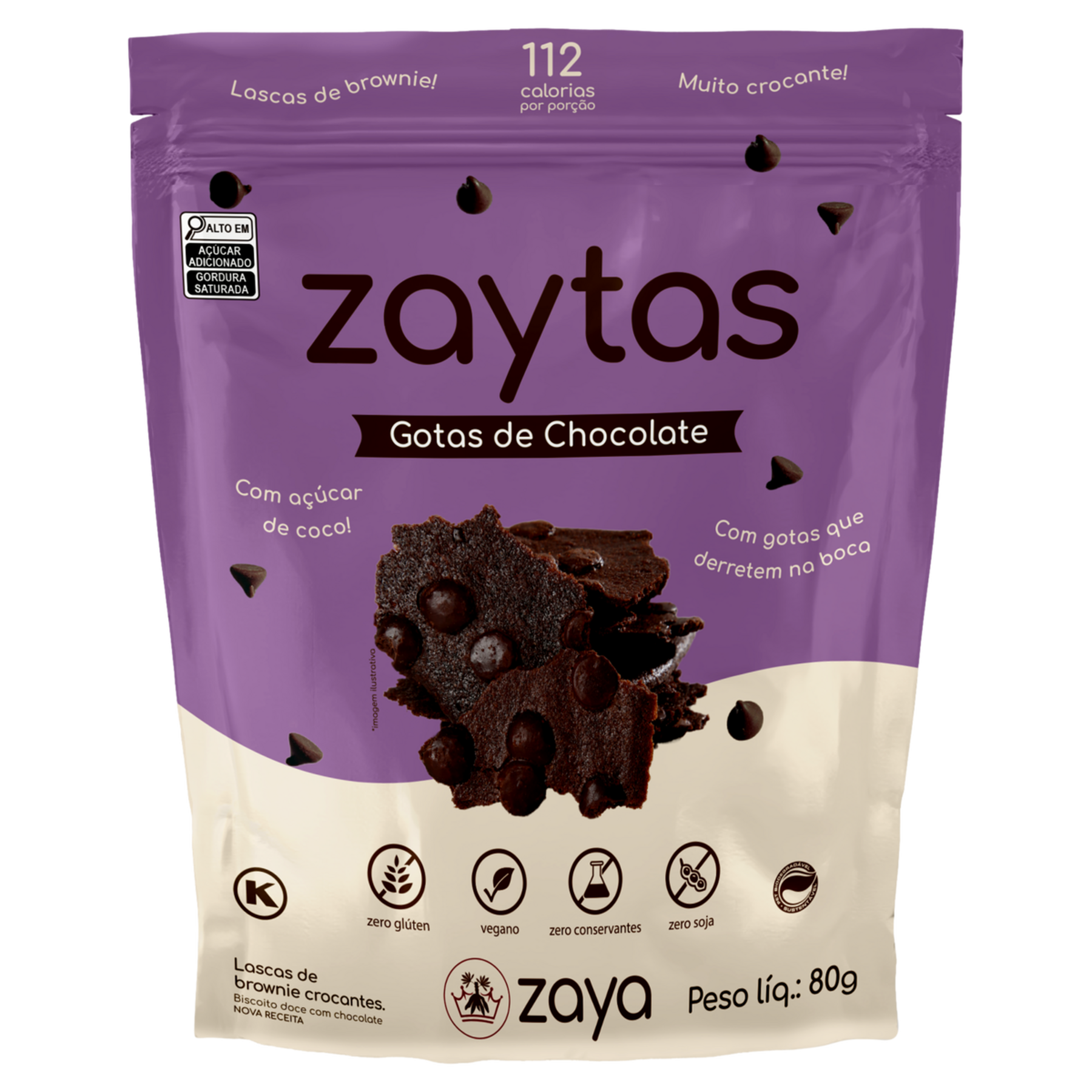 Lascas de Brownie Crocante com Gotas de Chocolate Zaytas Pouch 80g