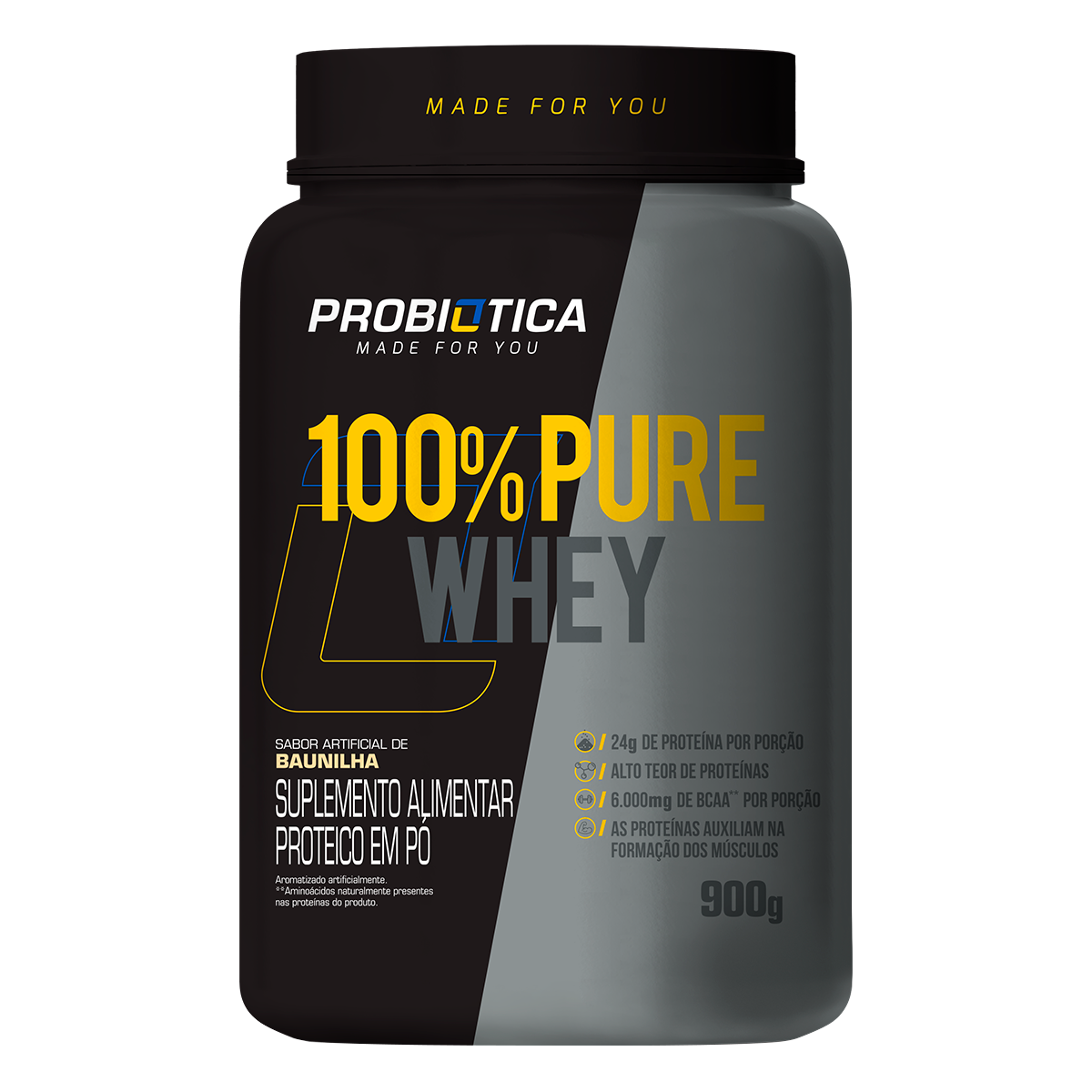 Suplemento Alimentar Proteico em P&oacute; Baunilha 100% Pure Whey Probi&oacute;tica Pote 900g