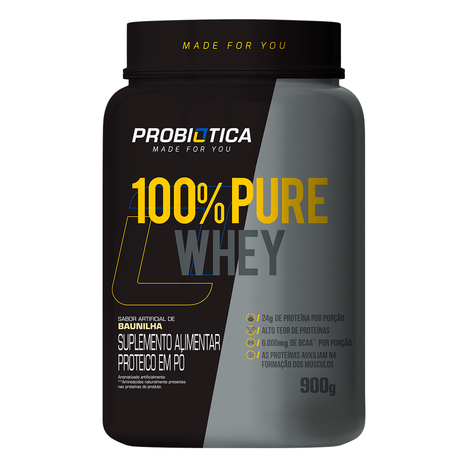 Suplemento Alimentar Proteico em P&oacute; Baunilha 100% Pure Whey Probi&oacute;tica Pote 900g