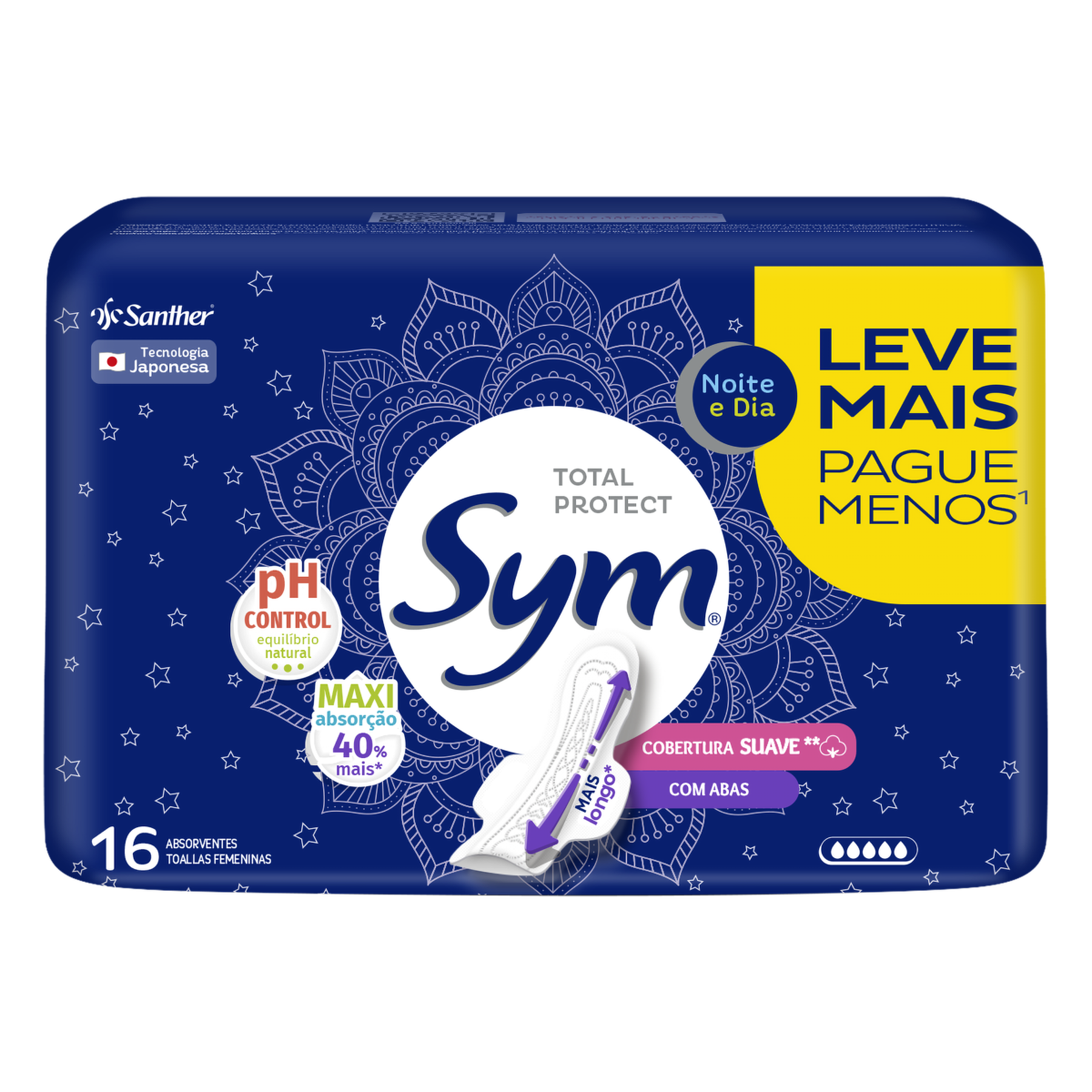 Absorvente com Abas Noite e Dia Suave Total Protect Sym Pacote 16 Unidades Leve Mais Pague Menos