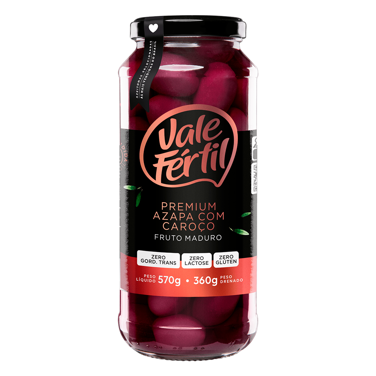 Azeitona Preta em Conserva Azapa com Caro&ccedil;o Vale F&eacute;rtil Premium Vidro 360g