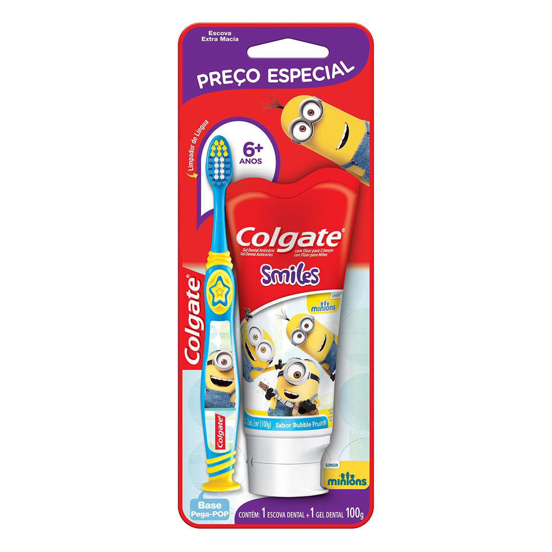 Escova Dental Infantil Extra Macia Suave + Gel Dental Infantil com Fl&uacute;or Bubble Fruit Minions Smiles Colgate 100g - Embalagem Pre&ccedil;o Especial&nbsp;