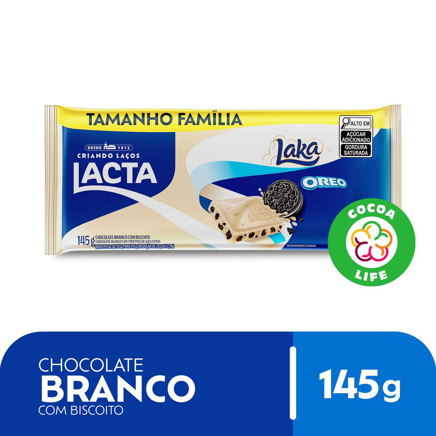 Barra de Chocolate Branco com Biscoito Oreo Laka Lacta Pacote 145g - Embalagem Tamanho Fam&iacute;lia