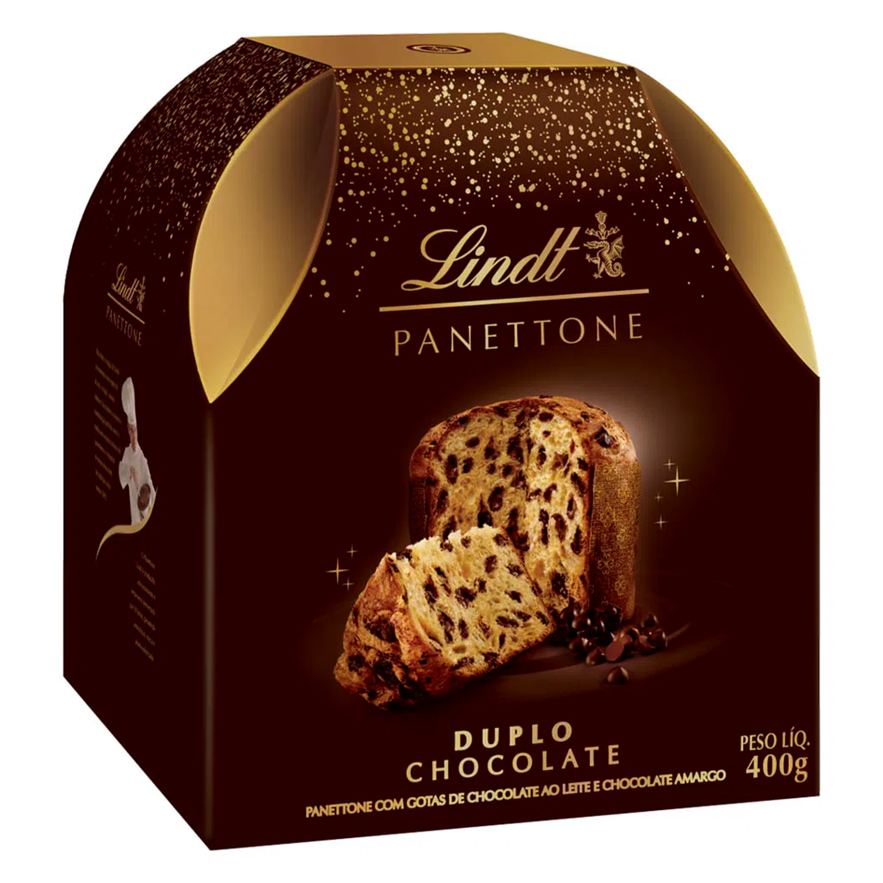 Panettone Duplo Chocolate Gotas de Chocolate ao Leite e Amargo Lindt Caixa 400g