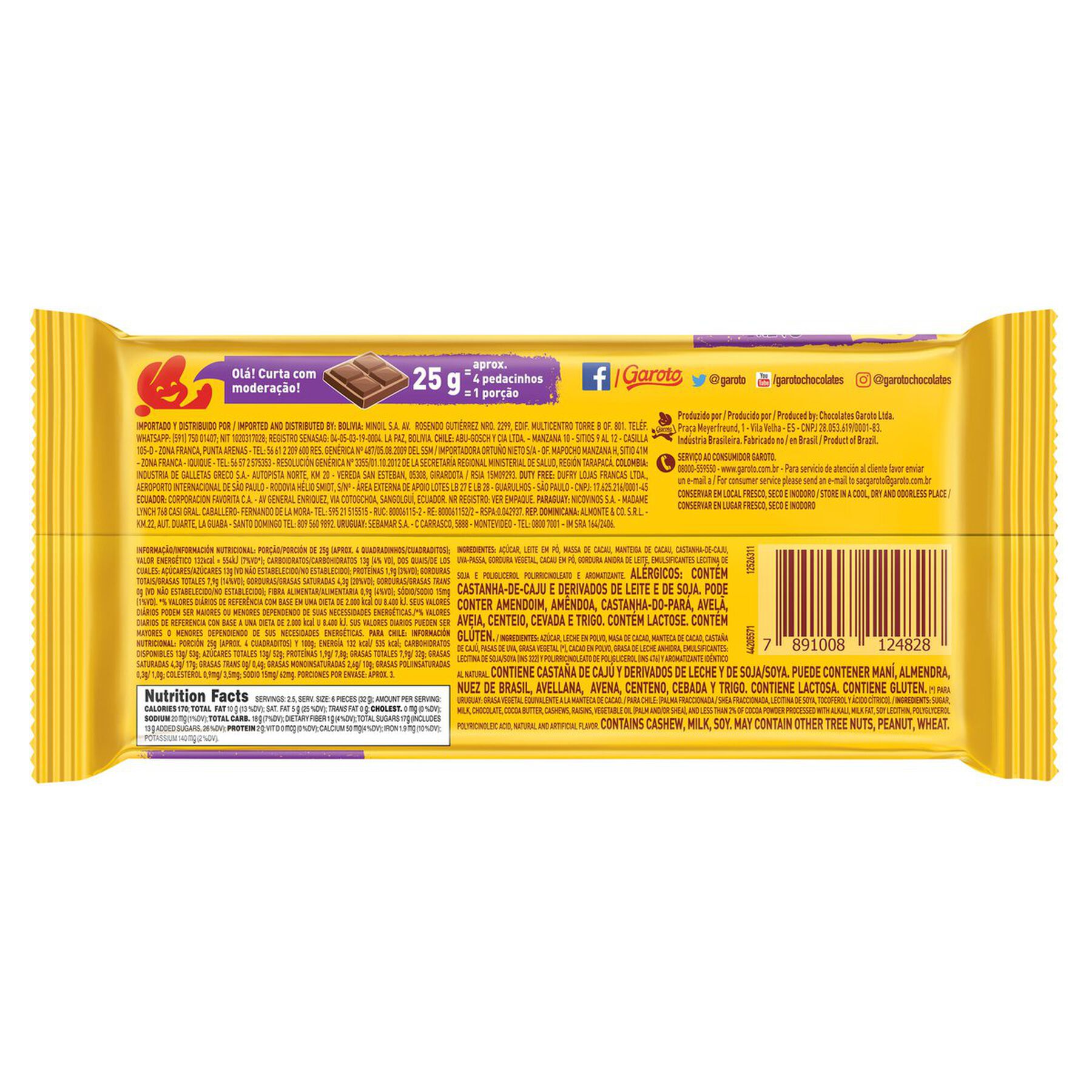 Chocolate ao Leite Caju e Passas Garoto Pacote 80g