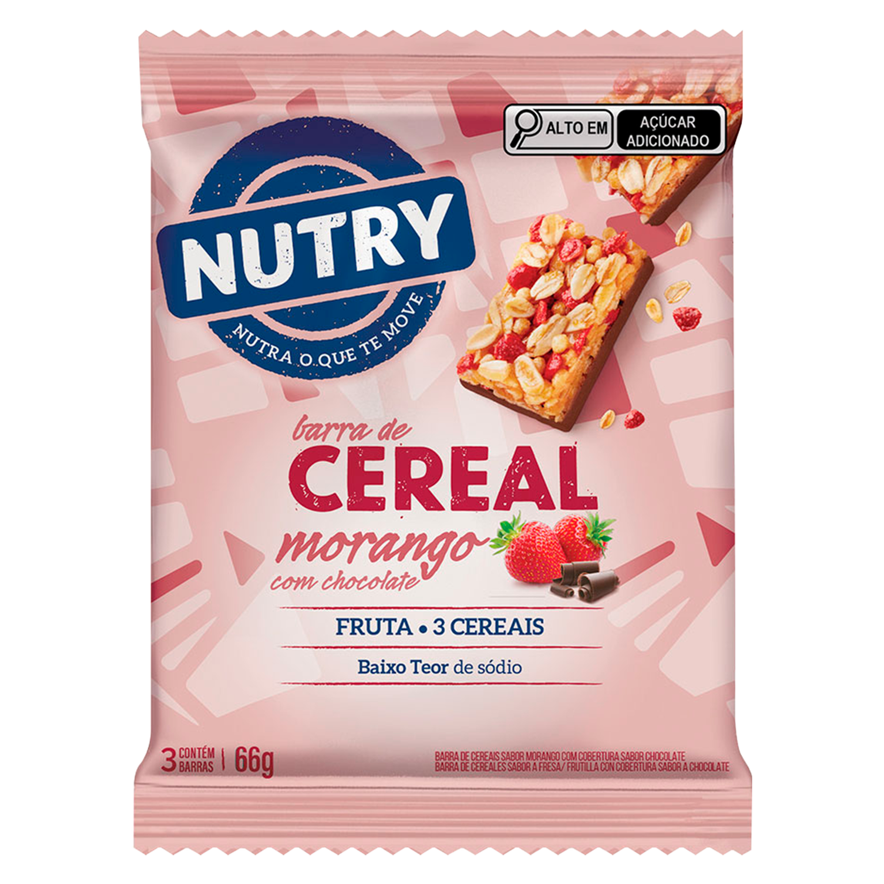 Barra de Cereal Morango com Chocolate Nutry Pacote 66g C/3 Unidades
