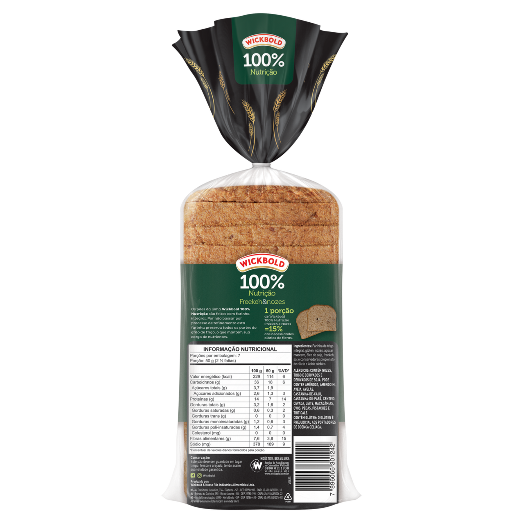 Pão de Forma Integral Freekeh e Nozes 100% Nutrição Wickbold Pacote 350g
