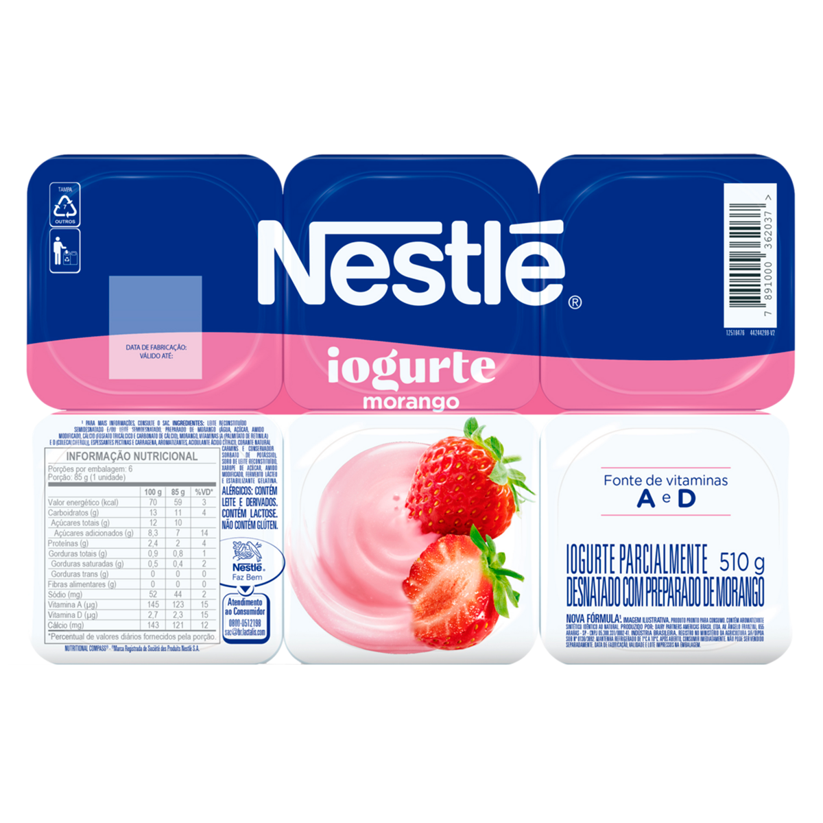 Iogurte Morango Nestl&eacute; Bandeja 510g C/6 Unidades