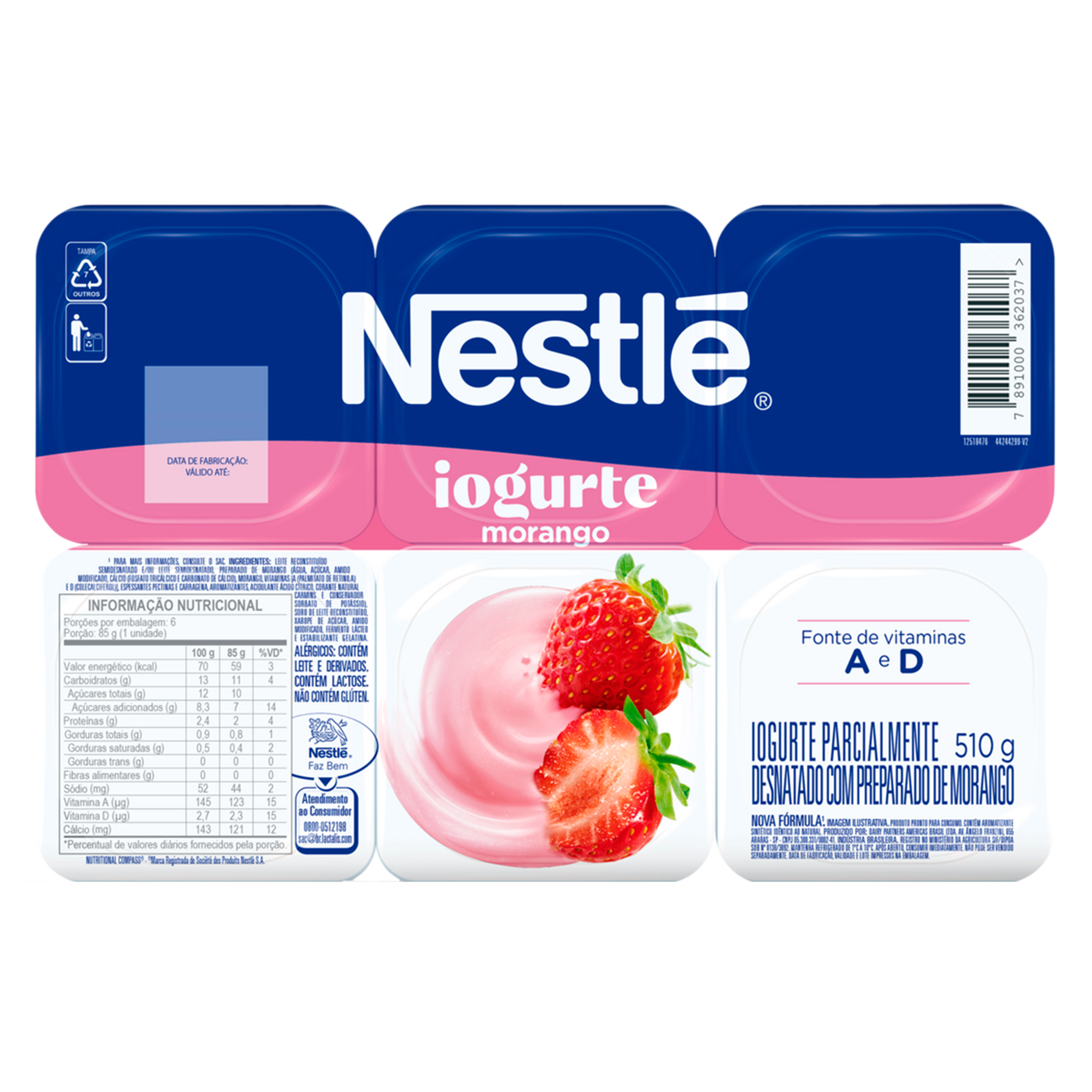 Iogurte Morango Nestl&eacute; Bandeja 510g C/6 Unidades