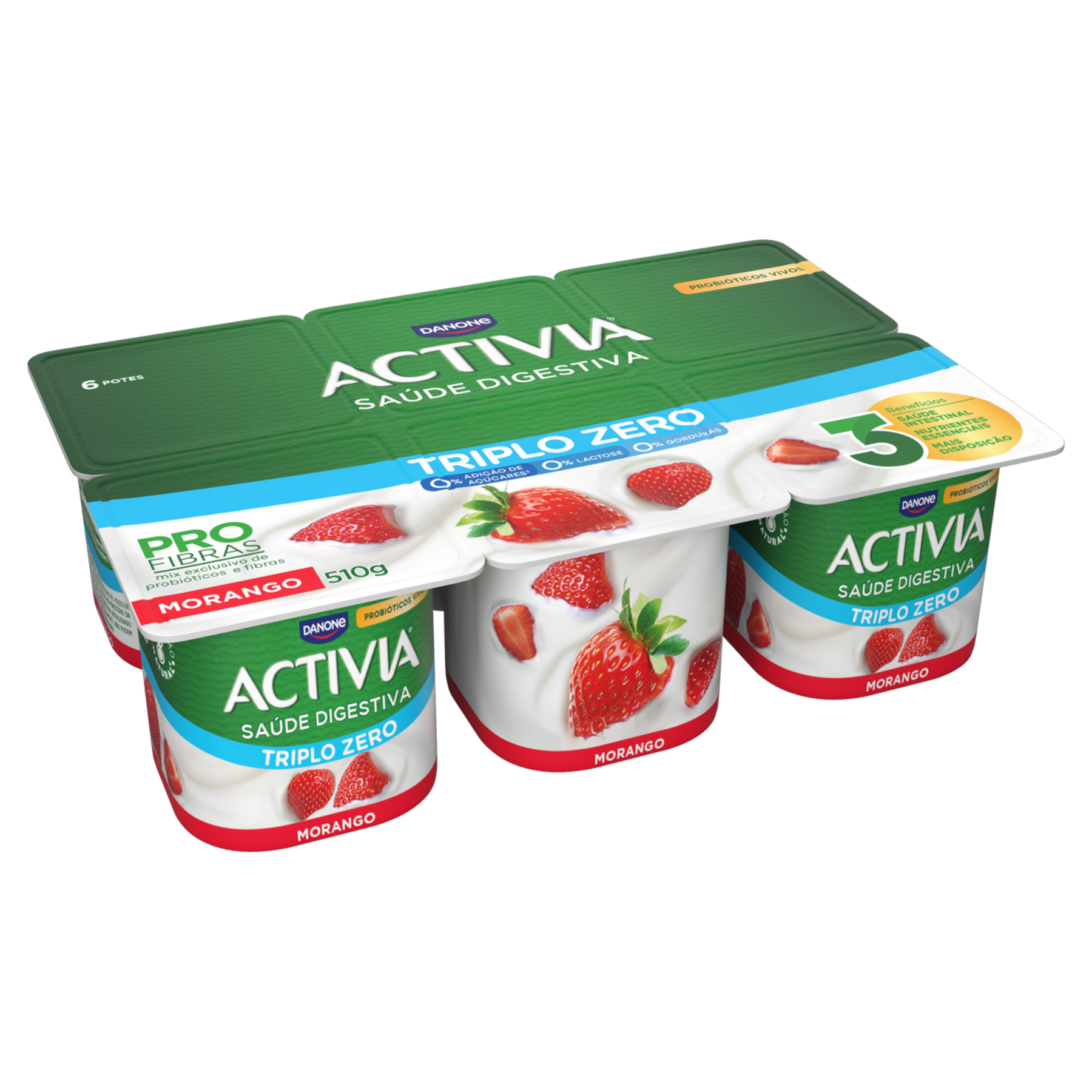 Leite Fermentado Desnatado Morango Triplo Zero Activia Bandeja 510g C/6 Unidades