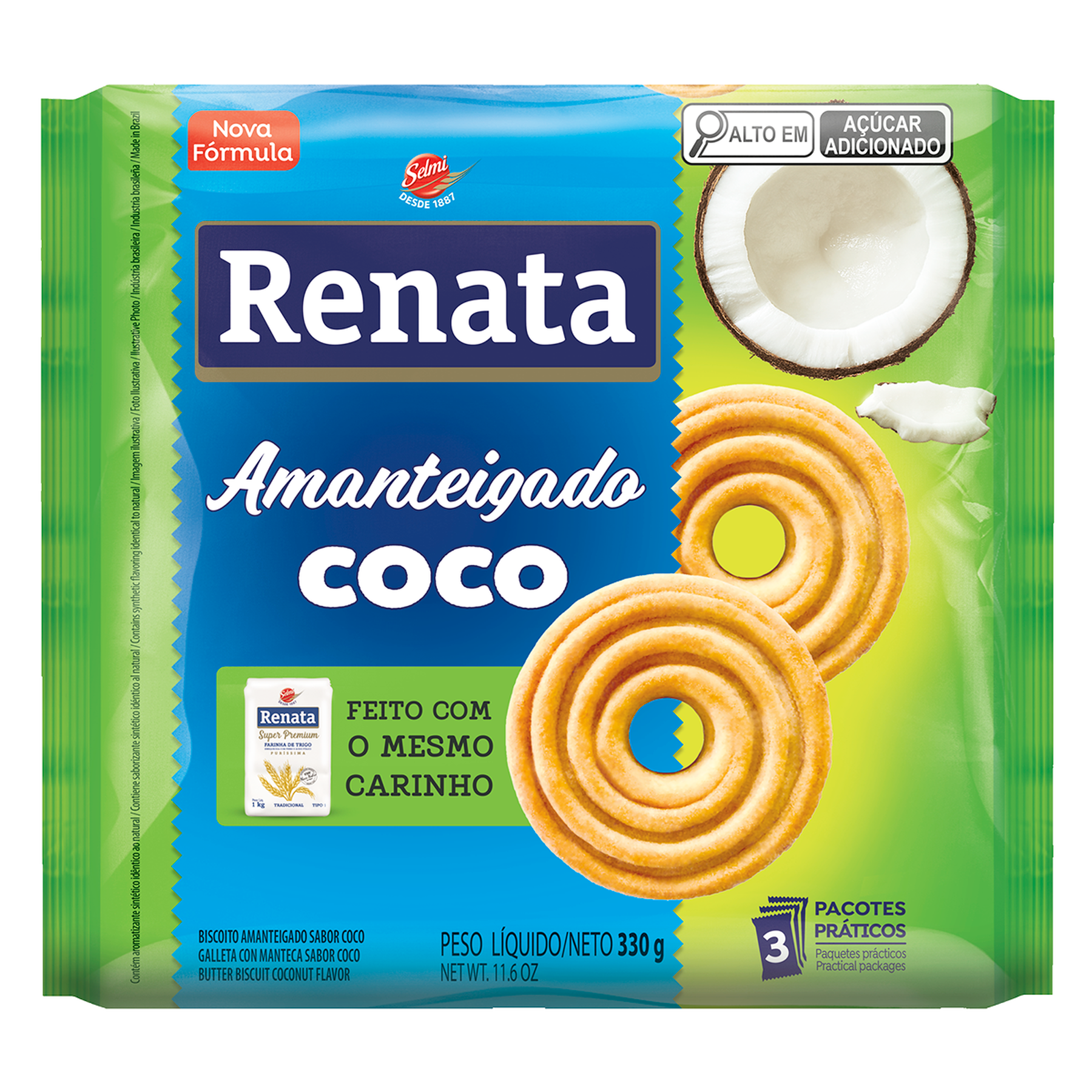 Biscoito Amanteigado Coco Renata Pacote 330g&nbsp;