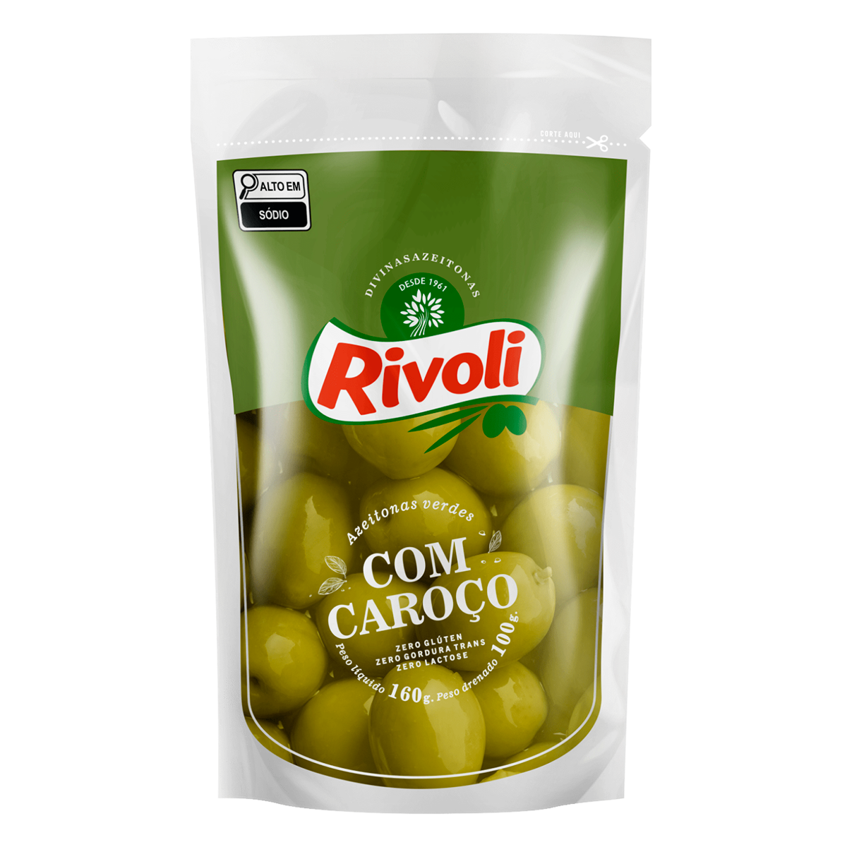Azeitona Verde com Caro&ccedil;o em Conserva Rivoli Sach&ecirc; 100g