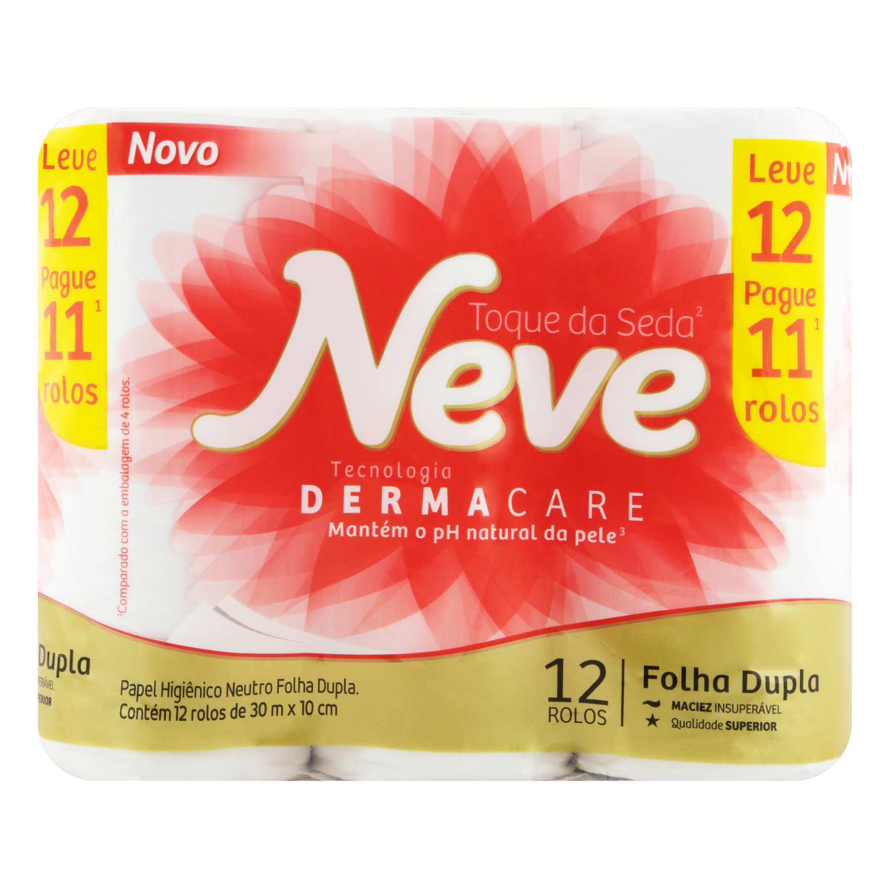 Papel Higi&ecirc;nico Folha Dupla Neutro Neve Toque da Seda 30m Pacote Leve 12 Pague 11 Unidades