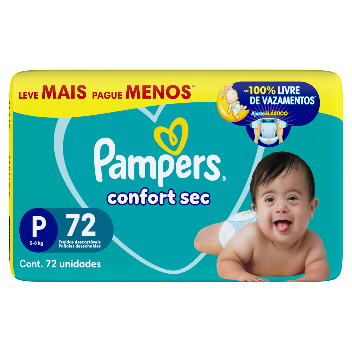 Fralda Descart&aacute;vel Infantil Confort Sec Pampers Tam. P Pacote C/72 Unidades - Embalagem Leve Mais Pague Menos