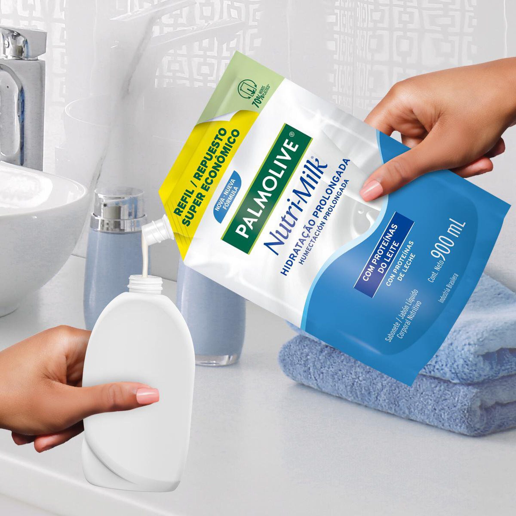 Sabonete L&iacute;quido Hidrata&ccedil;&atilde;o Prolongada Nutri-Milk Palmolive Sach&ecirc; 900ml Refil - Embalagem Refil Super Econ&ocirc;mico
