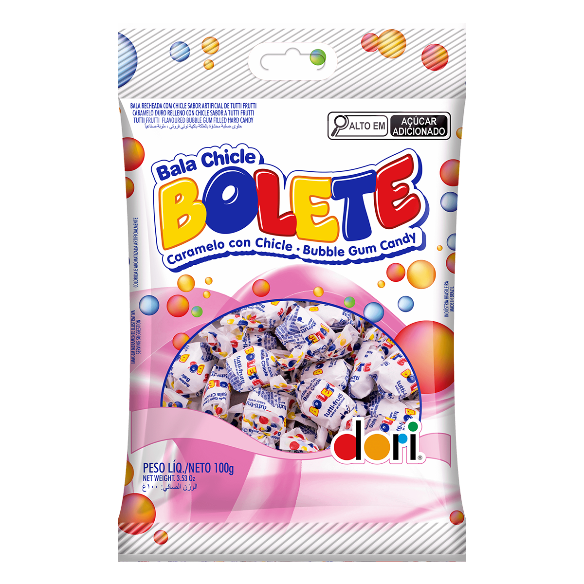 Bala Tutti Frutti Recheada com Chicle Bolete Dori Pacote 100g