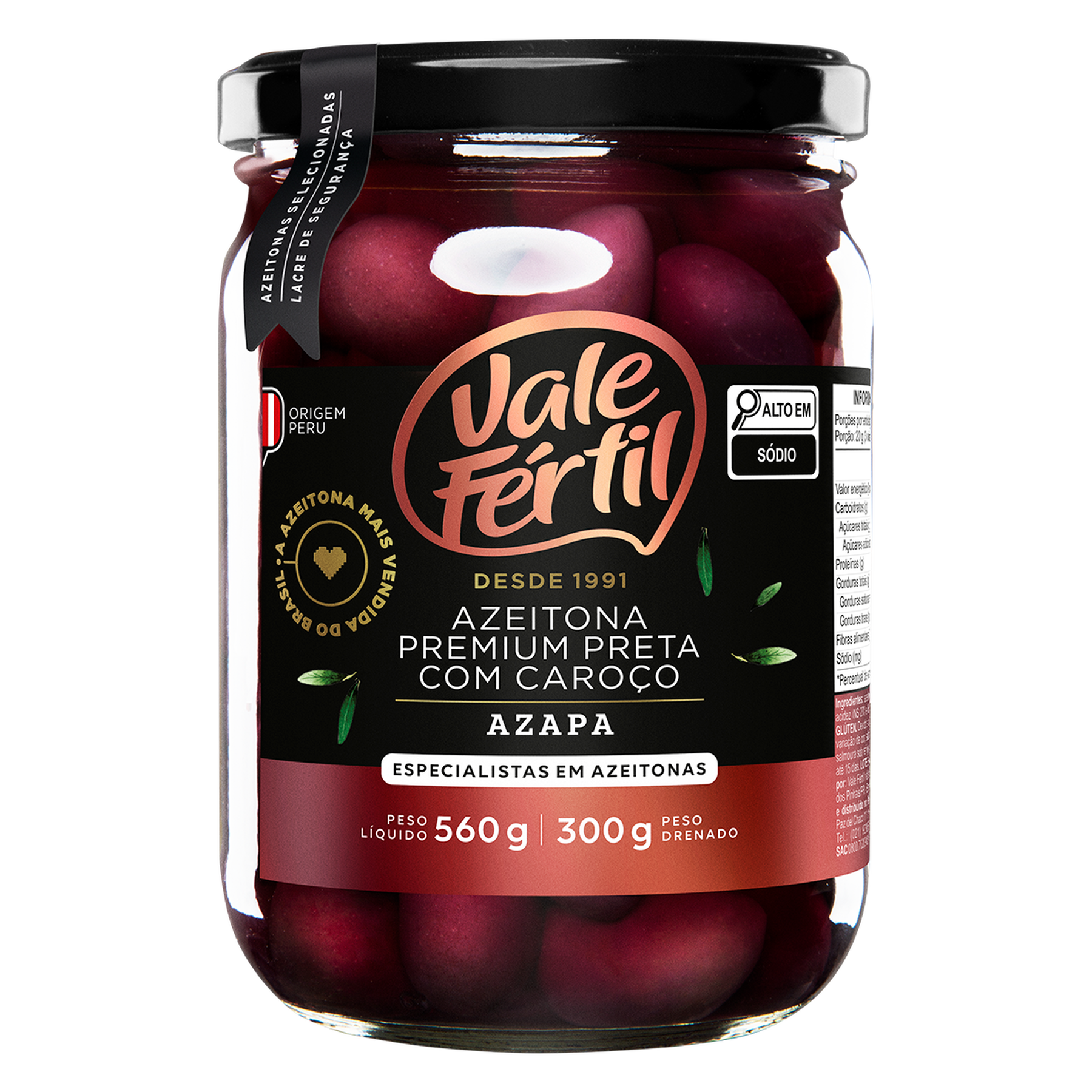 Azeitona Preta com Caro&ccedil;o Azapa em Conserva Vale F&eacute;rtil Premium Vidro 300g