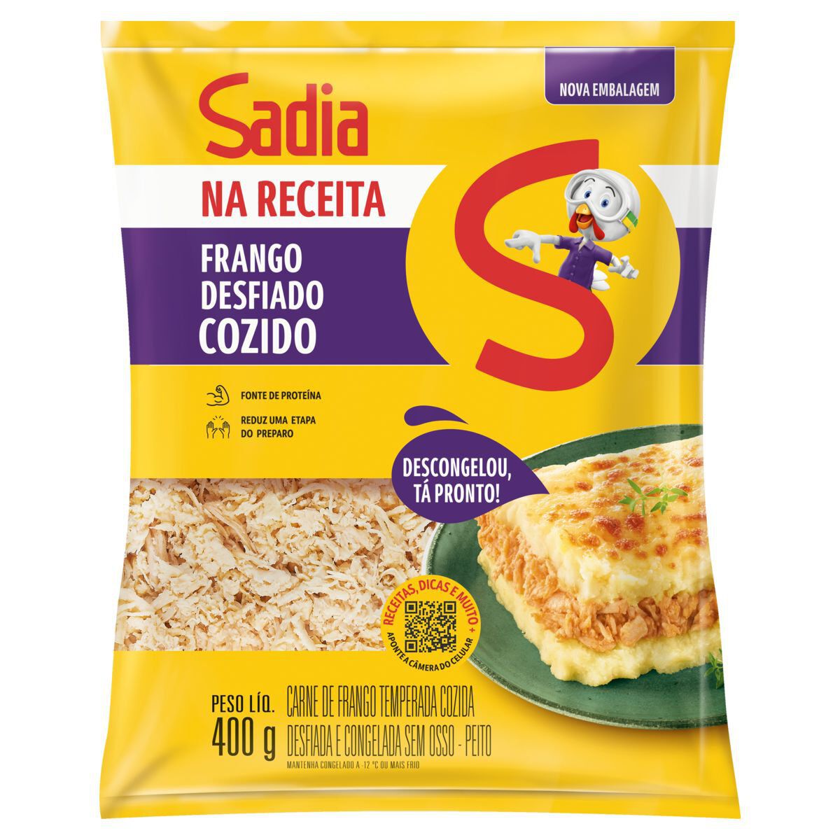 Peito de Frango Cozido Desfiado Temperado Congelado Na Receita Sadia Pacote 400g&nbsp;