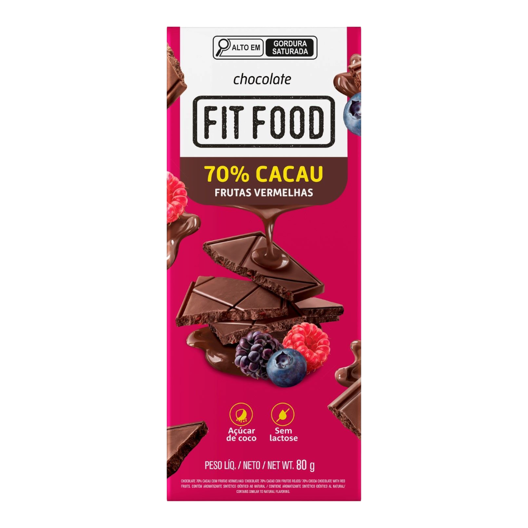 Chocolate Frutas Vermelhas 70% Zero Lactose Fit Food 80g