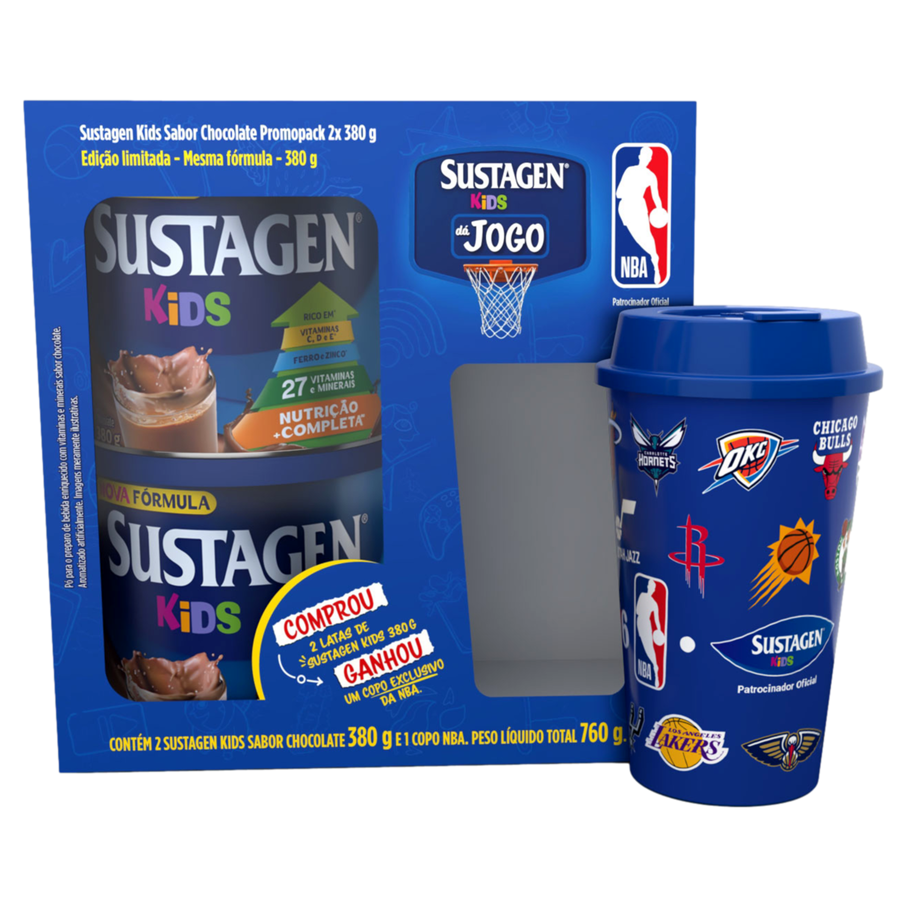 Preparo de Bebida em P&oacute; Chocolate Sustagen Kids Caixa 760g C/2 Unidades - Embalagem Gr&aacute;tis Copo Exclusivo NBA