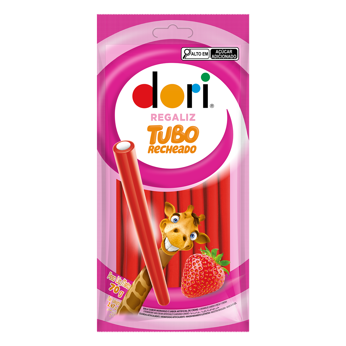 Bala Regaliz Tubo Recheado de Morango Dori 70g